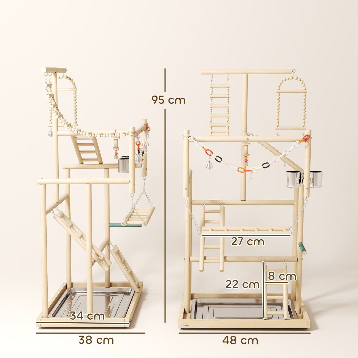 Parrot Play Stand, 95 cm Wooden Bird Playground with Ladders, Chain Toy, Stainless Steel Cups and Tray, Bird Cage Accessories for Parakeets, Cockatiels, Finches, Lovebirds, Budgie