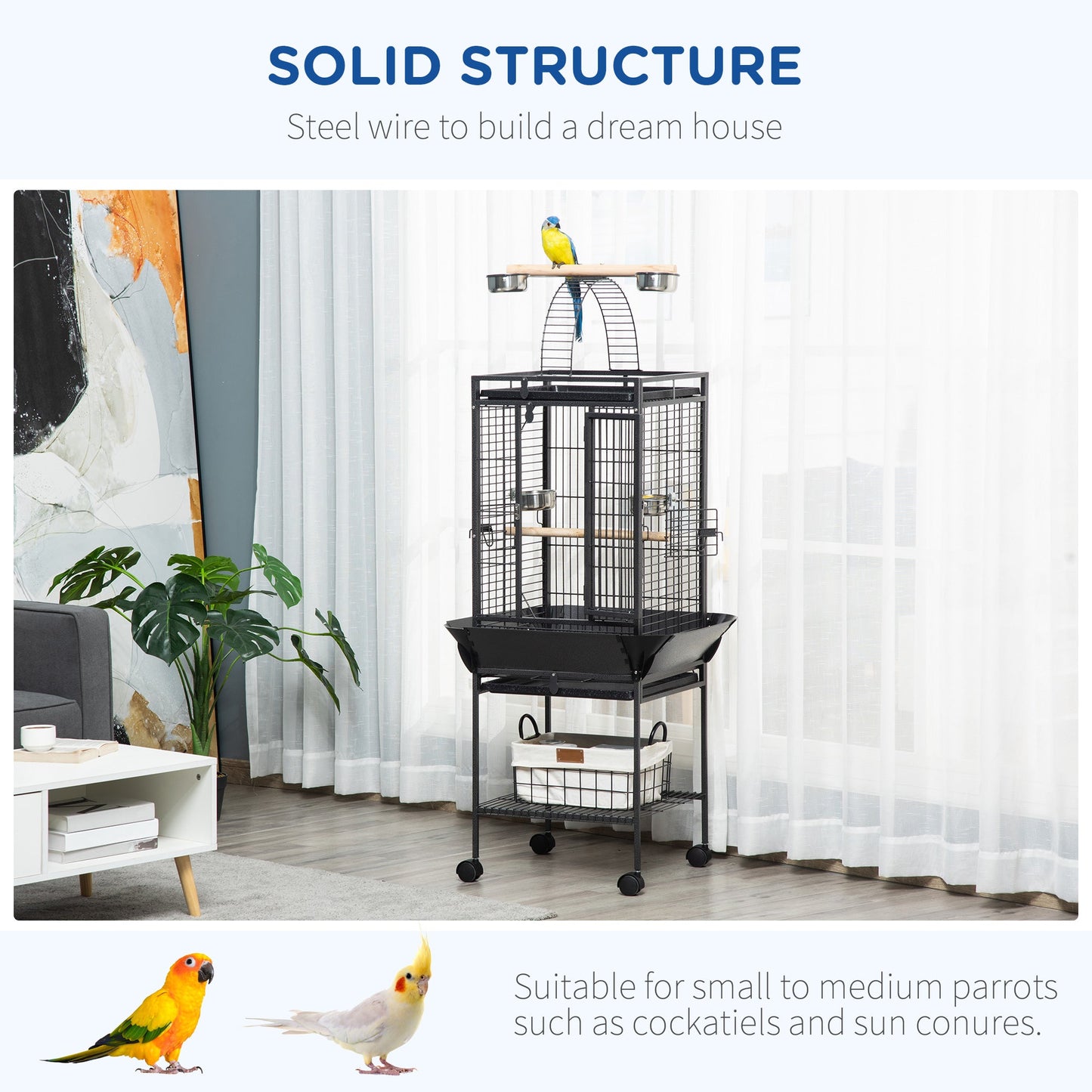 156cm Bird Cage,Large Parrot Cage with Open Play Top, Perch, Seed Guard, Wheels, Storage Shelf for Budgie, Cockatiel, Conure, Lovebird, Dark Grey