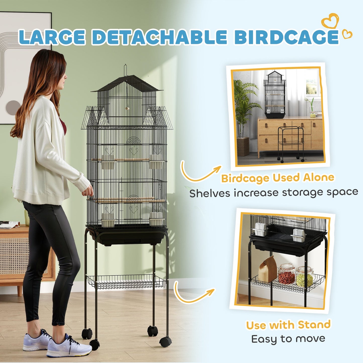Bird Cage Budgie Cage with Stand Slide Tray Handle for Finch Canary 43 x 32.5 x 163cm Black