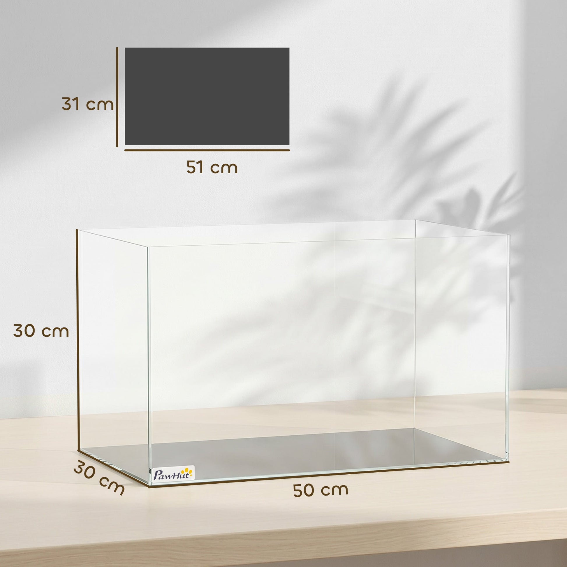 43L Fish Tank, Glass Aquarium, Small Fish Tank with Protective Base Mat, for Shrimps, Turtles, Transparent, 50 x 30 x 30 cm