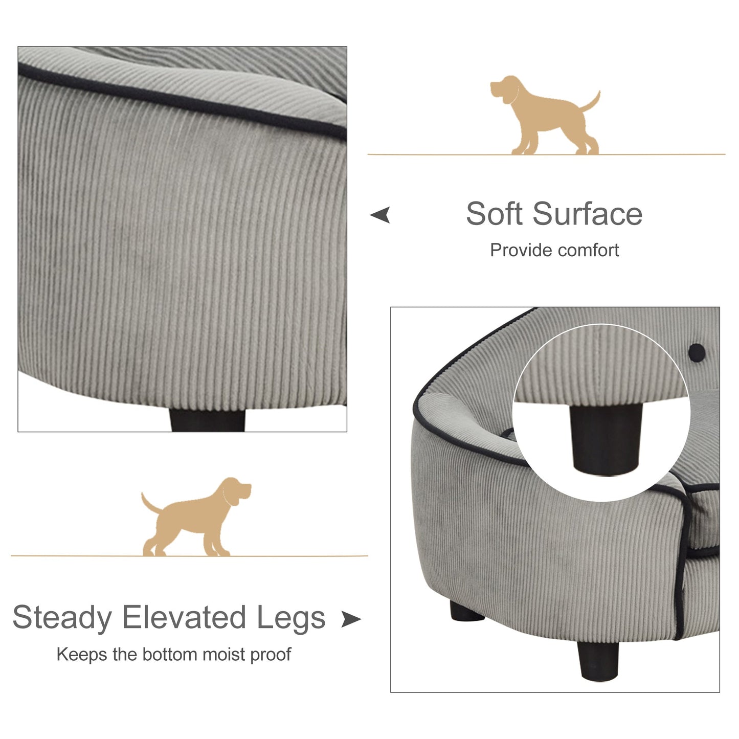Dog Sofa for XS and S Size Dogs, Pet Chair Bed with Soft Cushion, Cat Sofa  Couch with Washable Cover, Wooden Frame, 66.5 x 45 x 35.5 cm, Grey