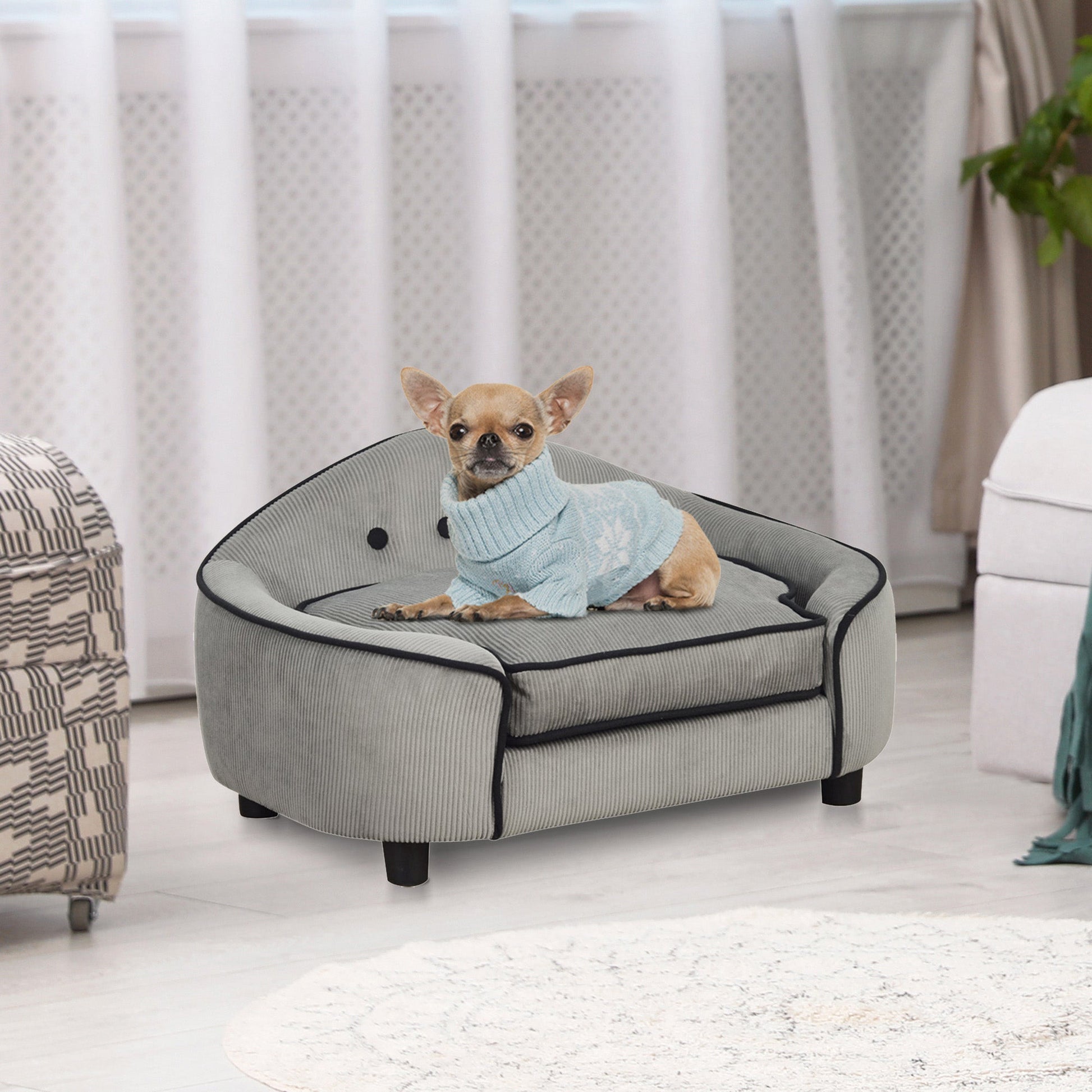 Dog Sofa for XS and S Size Dogs, Pet Chair Bed with Soft Cushion, Cat Sofa  Couch with Washable Cover, Wooden Frame, 66.5 x 45 x 35.5 cm, Grey