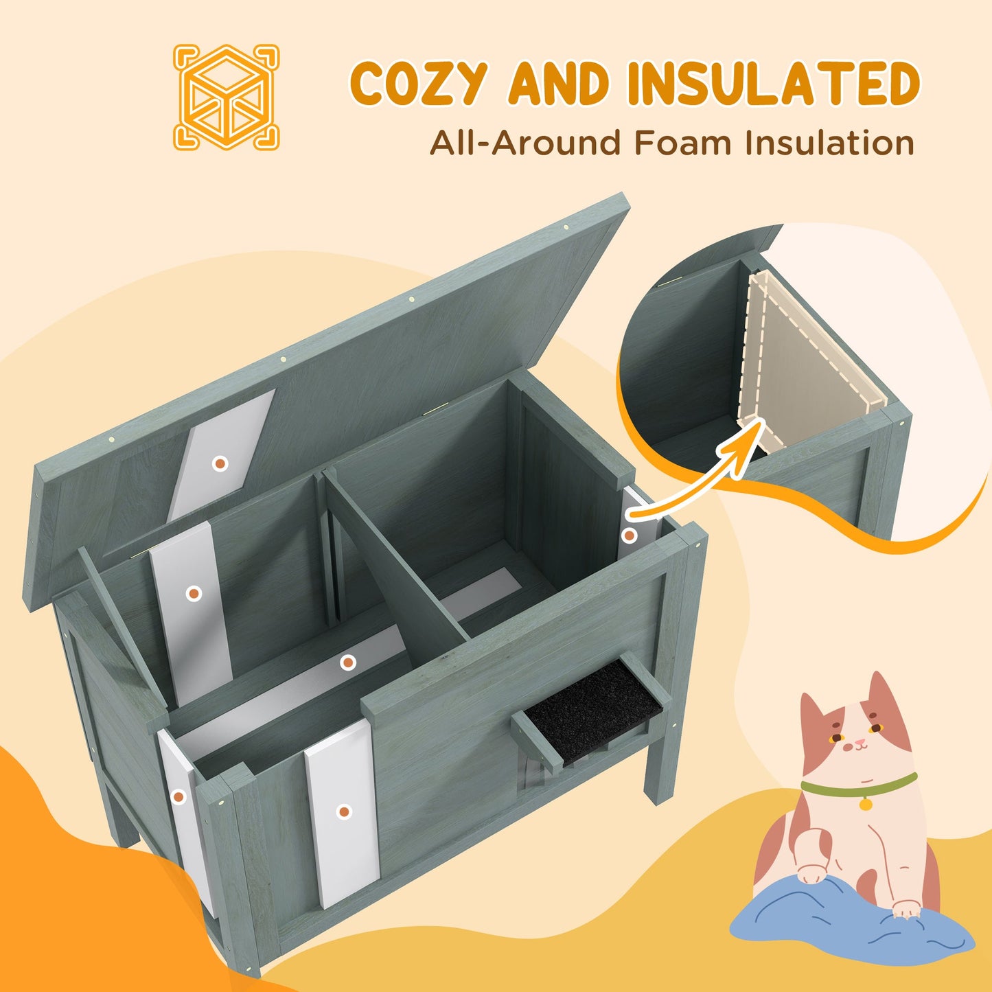 Outdoor Cat House, Feral Insulate Wooden Kitten House with Removable Floor, Water-Resistant Openable Roof, 85 x 50 x 68.5cm - Charcoal Grey