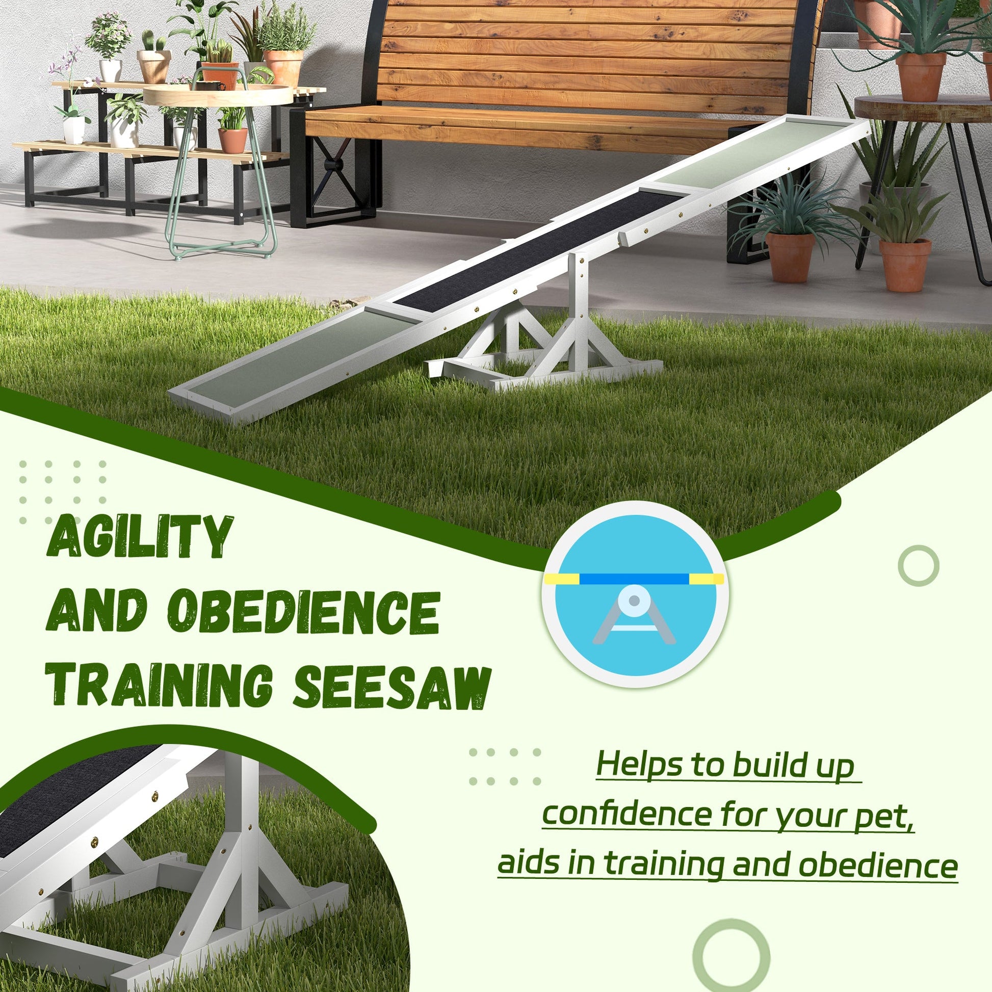 Wooden Pet Seesaw for Big Dogs, Agility Training Equipment for Dogs with Anti-Slip surface, 180 x 30 x 30cm - White