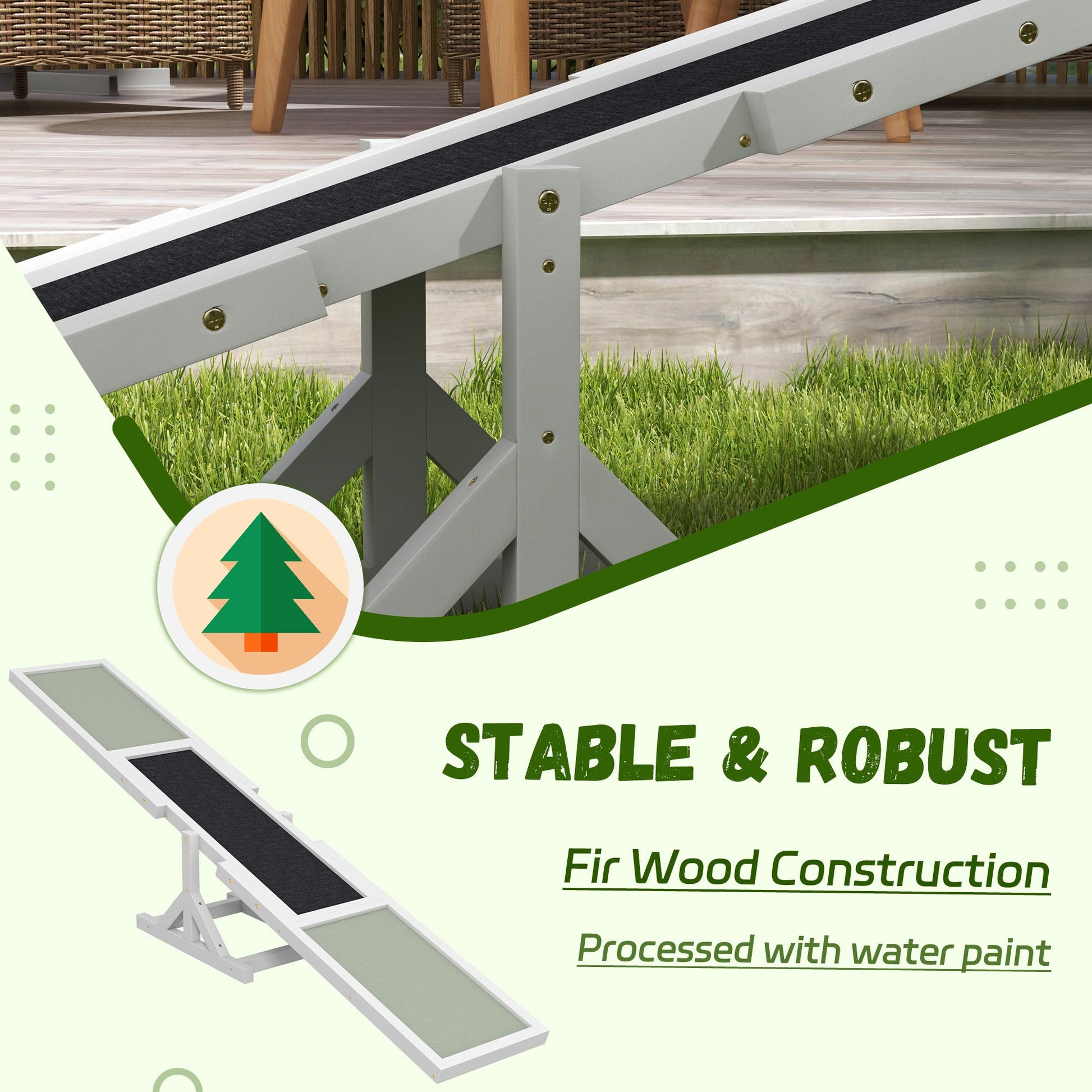 Wooden Pet Seesaw for Big Dogs, Agility Training Equipment for Dogs with Anti-Slip surface, 180 x 30 x 30cm - White