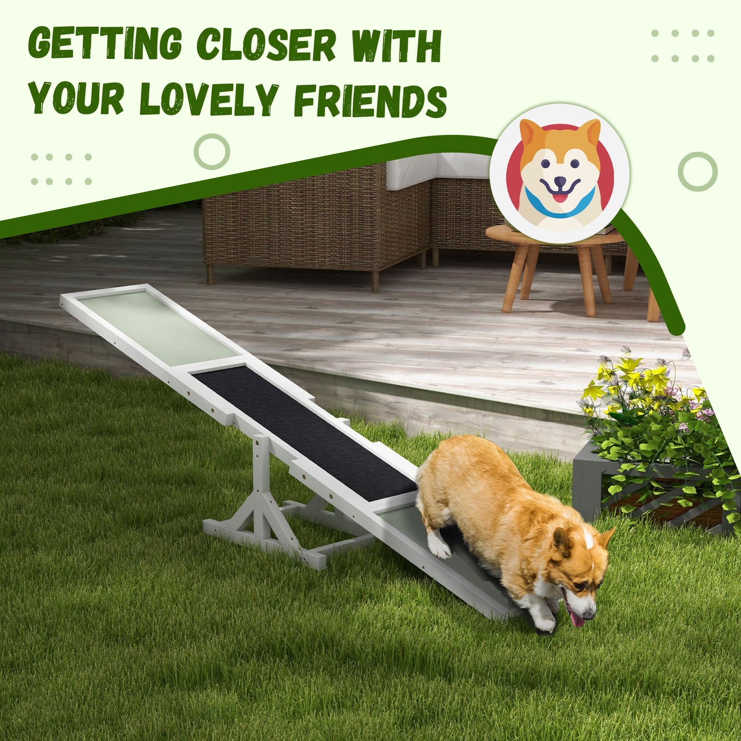 Wooden Pet Seesaw for Big Dogs, Agility Training Equipment for Dogs with Anti-Slip surface, 180 x 30 x 30cm - White