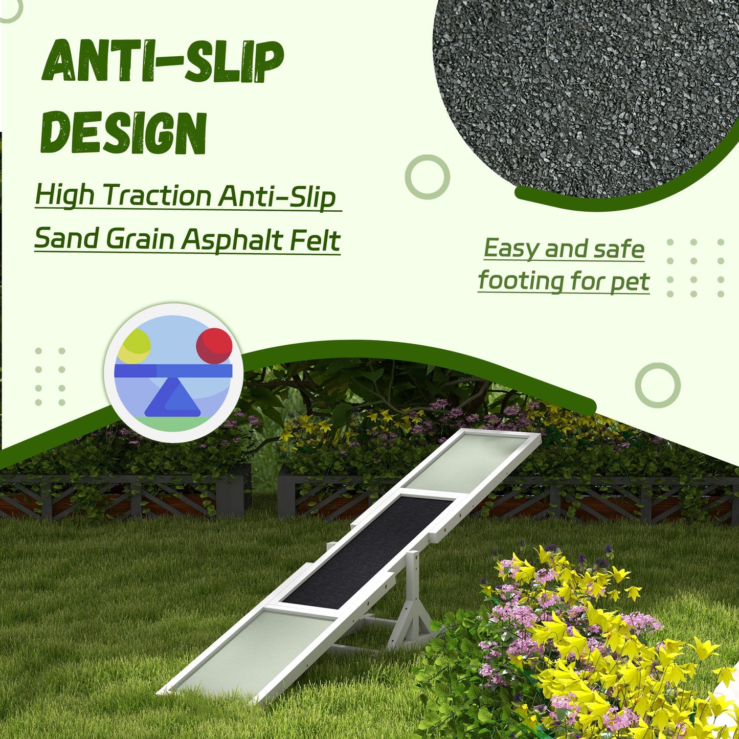 Wooden Pet Seesaw for Big Dogs, Agility Training Equipment for Dogs with Anti-Slip surface, 180 x 30 x 30cm - White