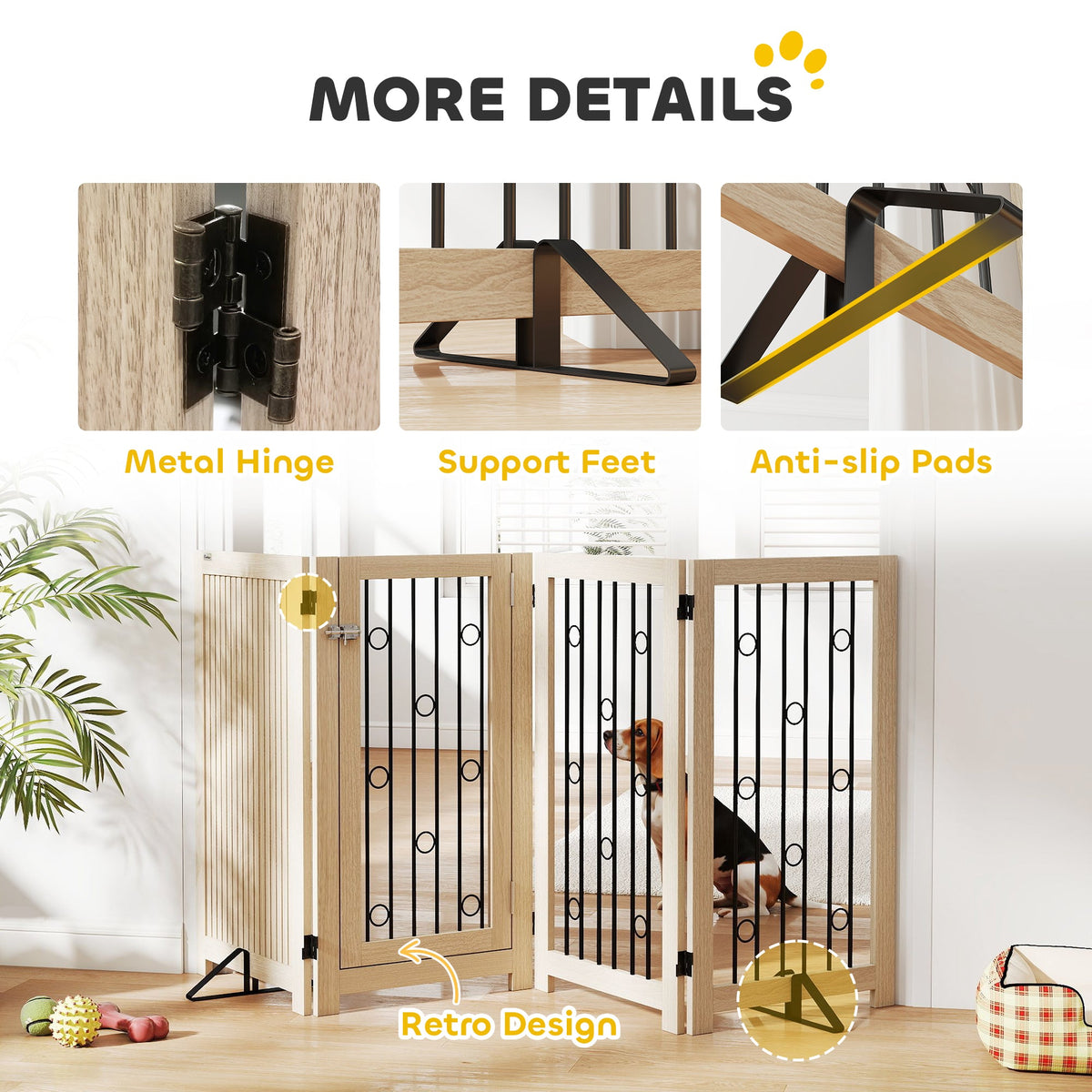 Freestanding Pet Gate, Foldable Dog Gate with Lockable Door, Metal Support Feet & 360° Flexible Hinges, 4 Panel Indoor Dog Barrier for House, Stairs, Doorway, 205 x 30.5 x 91.5 cm, Oak