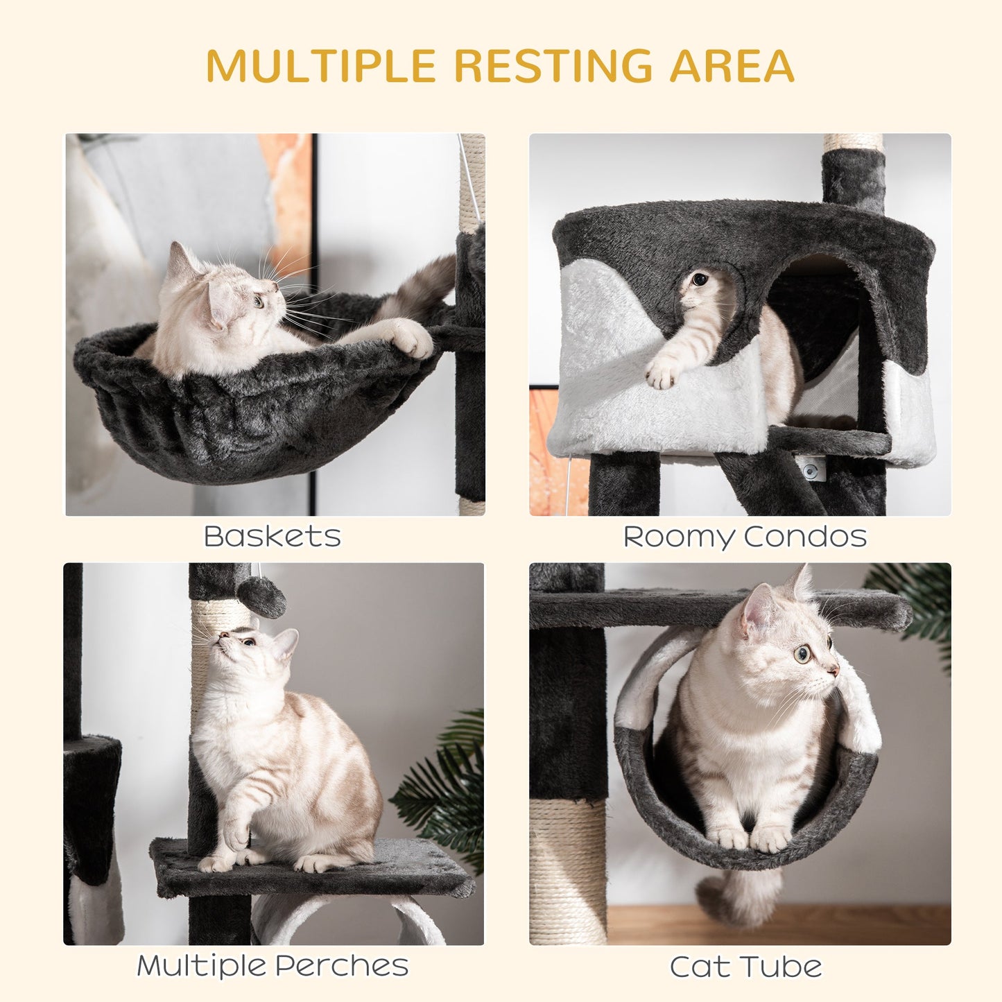 Floor to Ceiling Cat Tree, 240-260cm Adjustable Height Kitten Tower with Scratching Posts, Cat Houses, Ramps, Hammocks, Toy Balls, Tunnel for Indoor Use - White