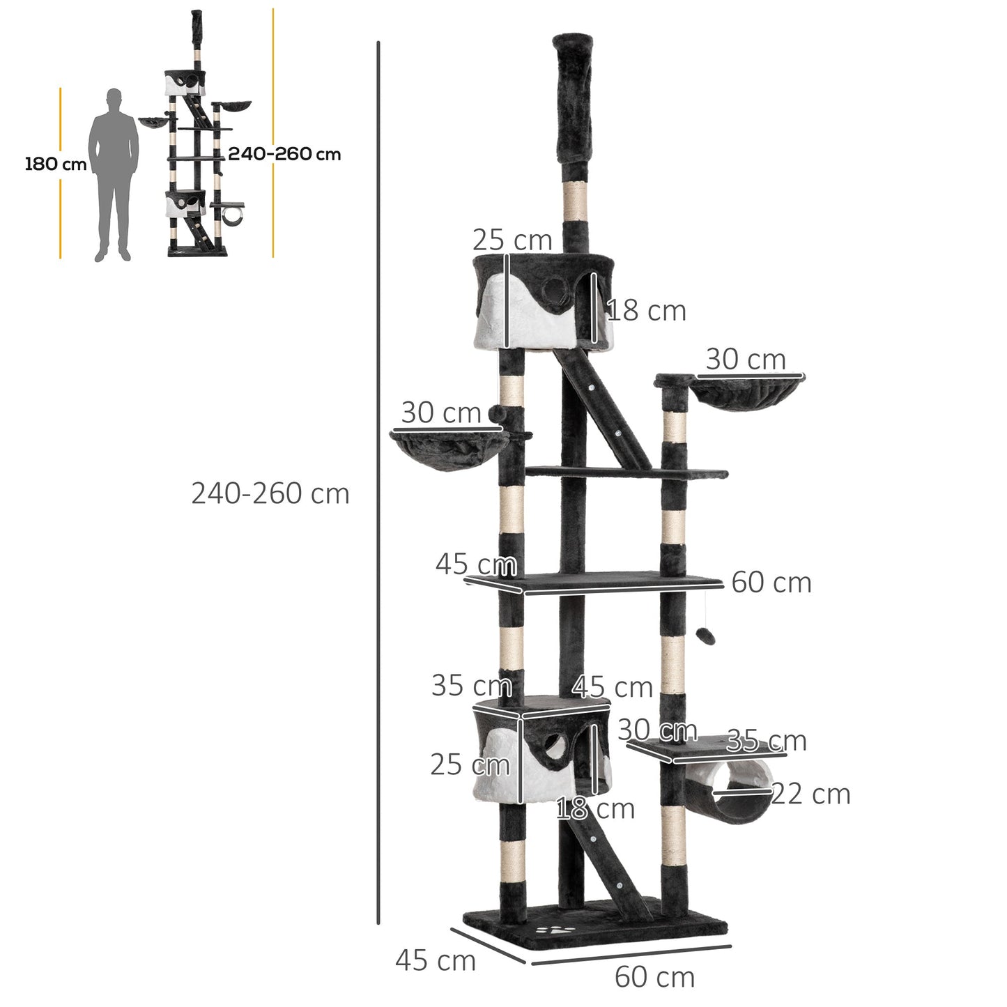Floor to Ceiling Cat Tree, 240-260cm Adjustable Height Kitten Tower with Scratching Posts, Cat Houses, Ramps, Hammocks, Toy Balls, Tunnel for Indoor Use - White