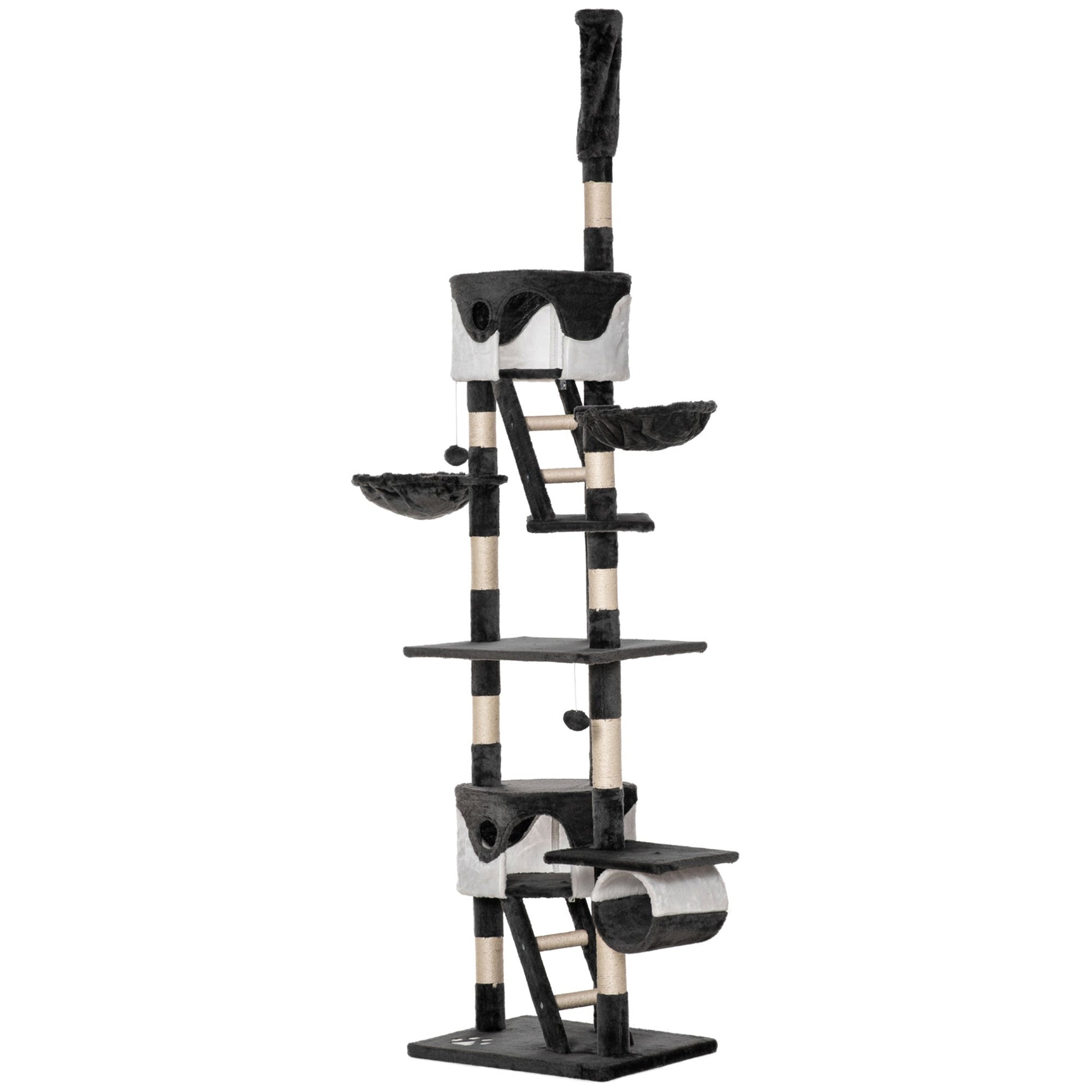 Floor to Ceiling Cat Tree, 240-260cm Adjustable Height Kitten Tower with Scratching Posts, Cat Houses, Ramps, Hammocks, Toy Balls, Tunnel for Indoor Use - White