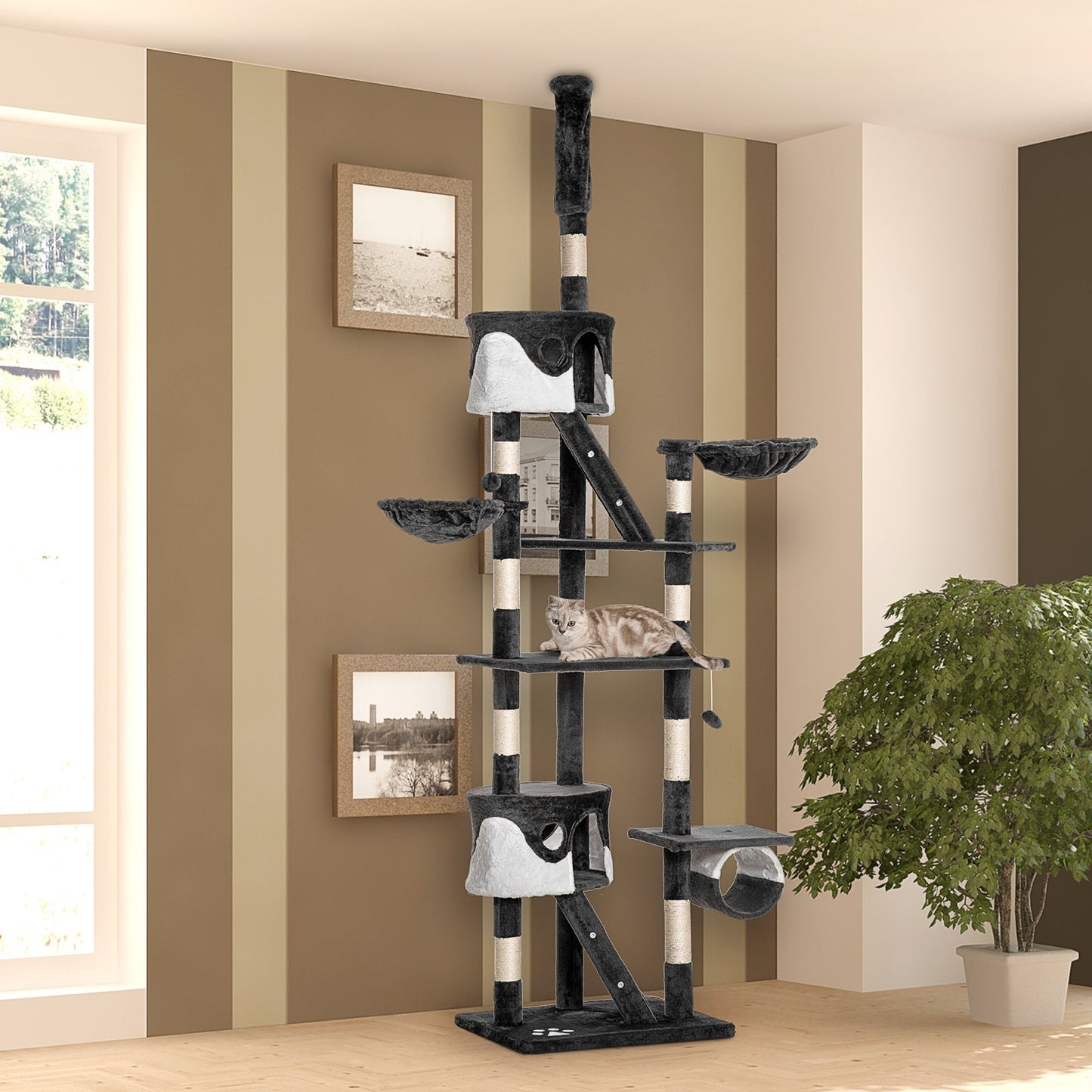 Floor to Ceiling Cat Tree, 240-260cm Adjustable Height Kitten Tower with Scratching Posts, Cat Houses, Ramps, Hammocks, Toy Balls, Tunnel for Indoor Use - White