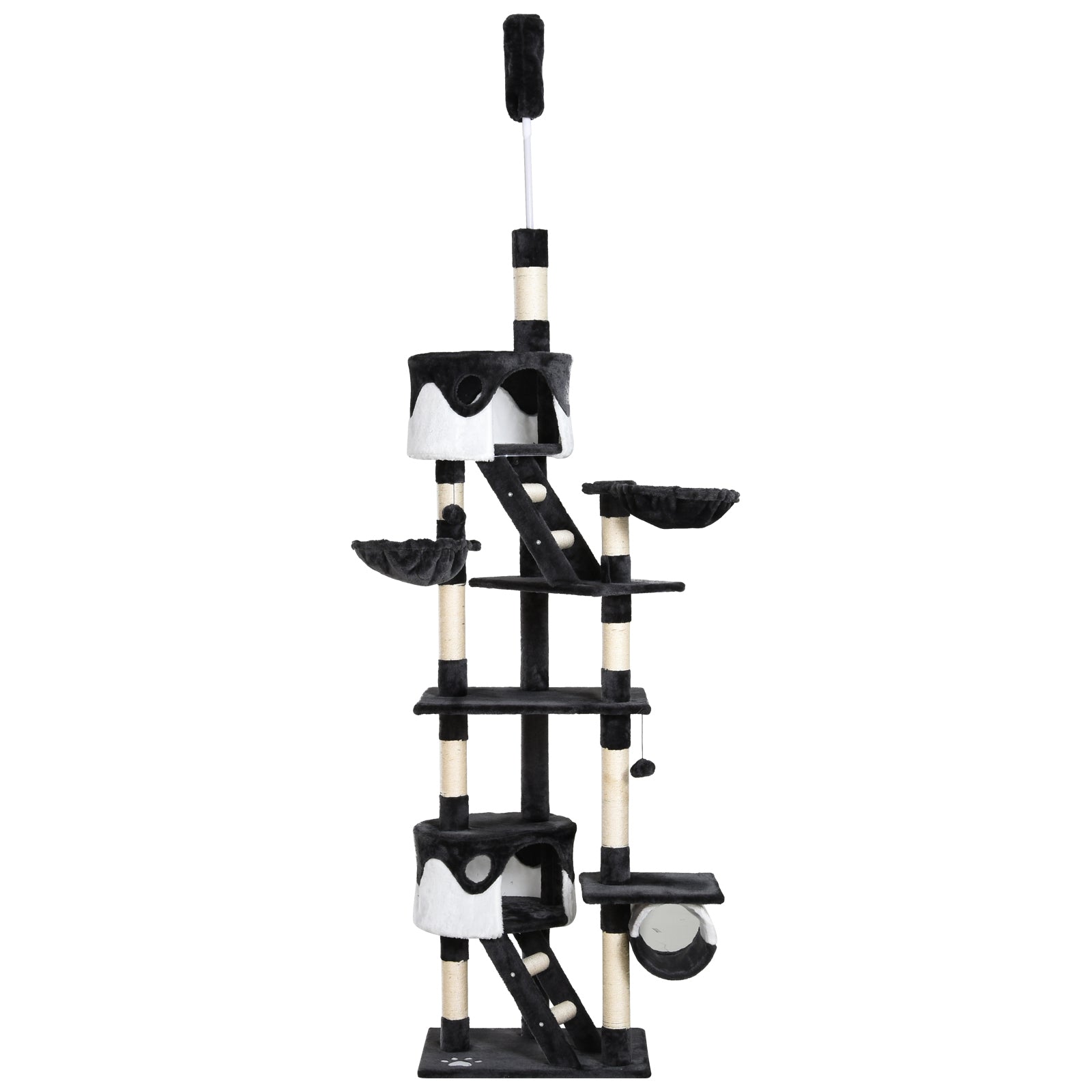 Floor to Ceiling Cat Tree, 240-260cm Adjustable Height Kitten Tower with Scratching Posts, Cat Houses, Ramps, Hammocks, Toy Balls, Tunnel for Indoor Use - White