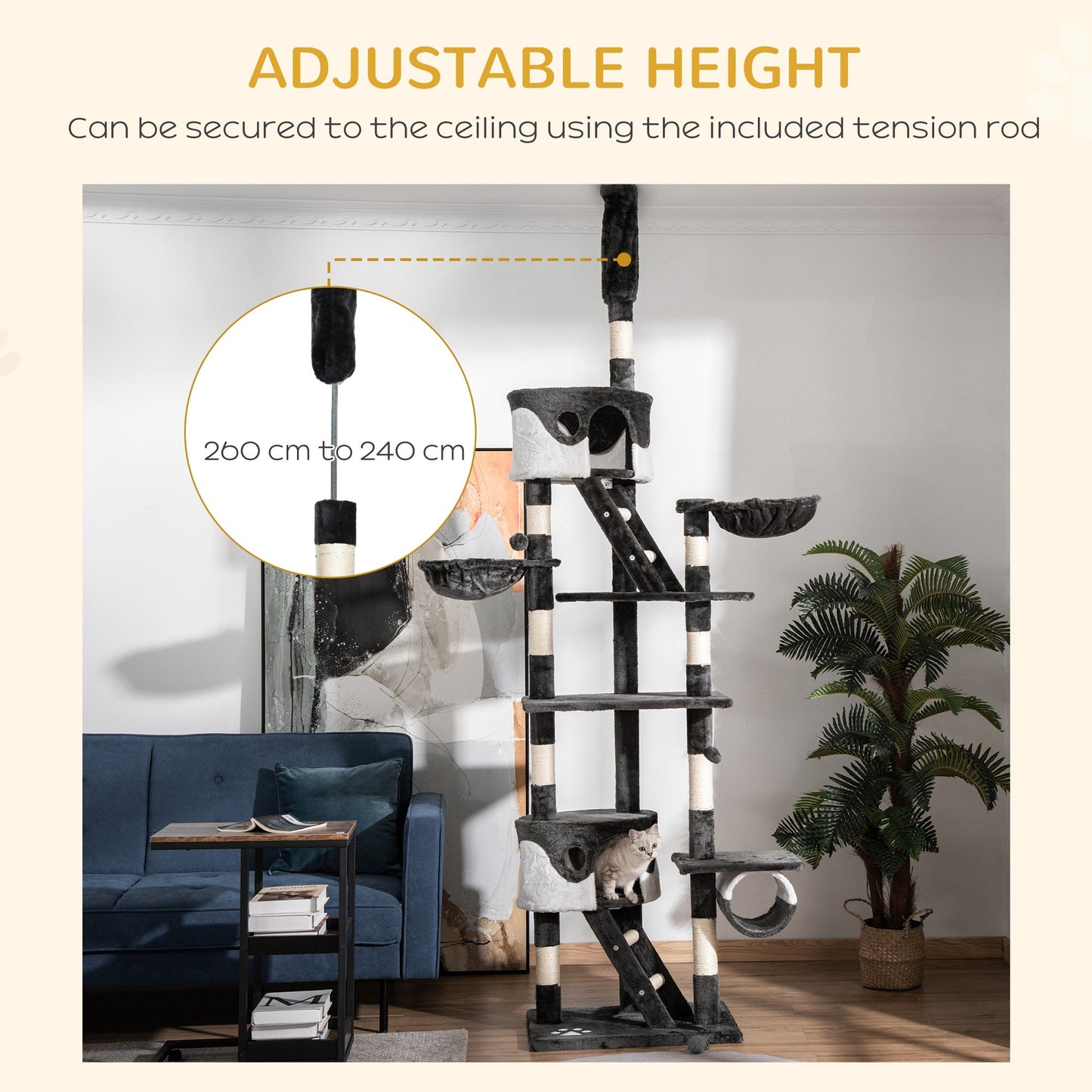 Floor to Ceiling Cat Tree, 240-260cm Adjustable Height Kitten Tower with Scratching Posts, Cat Houses, Ramps, Hammocks, Toy Balls, Tunnel for Indoor Use - White