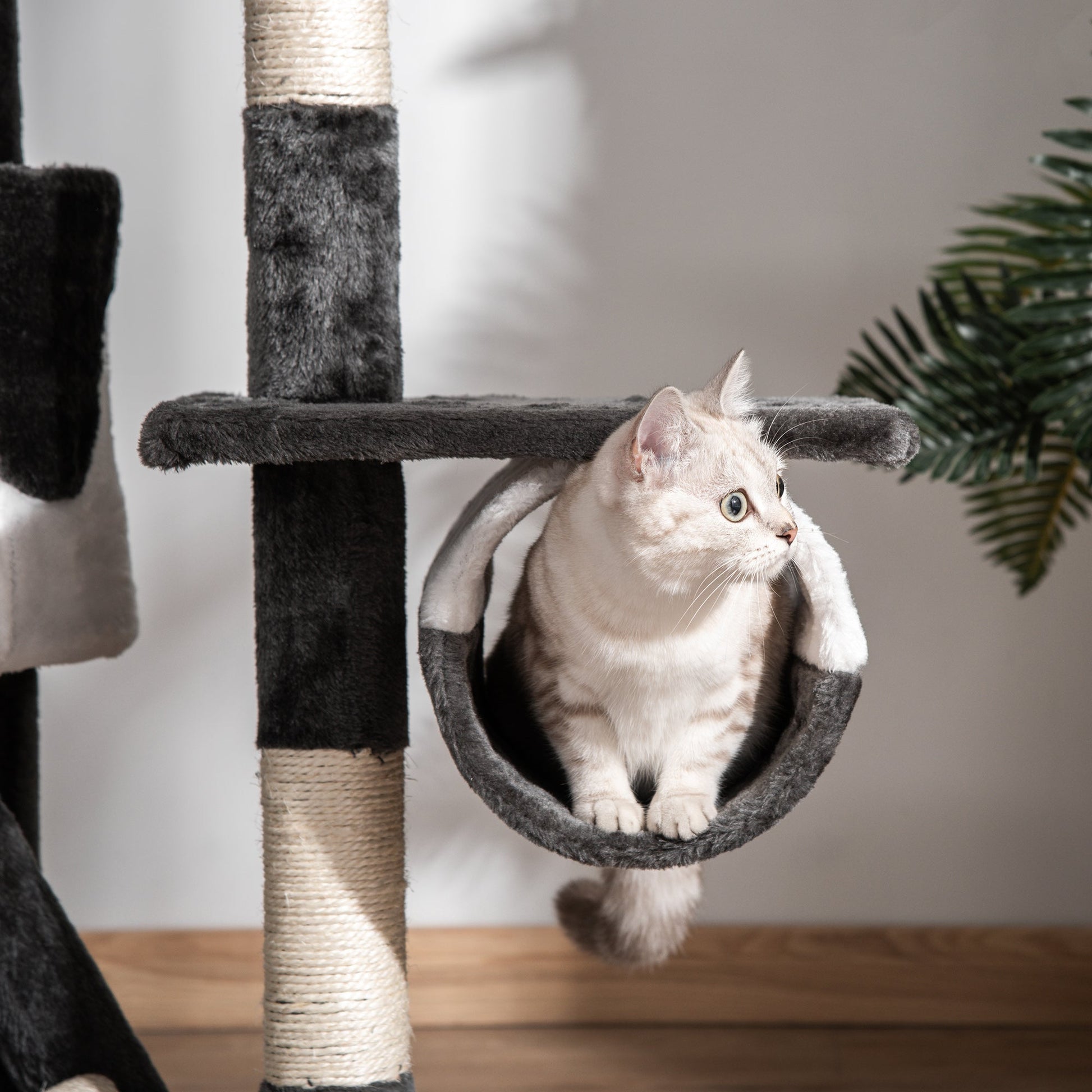 Floor to Ceiling Cat Tree, 240-260cm Adjustable Height Kitten Tower with Scratching Posts, Cat Houses, Ramps, Hammocks, Toy Balls, Tunnel for Indoor Use - White