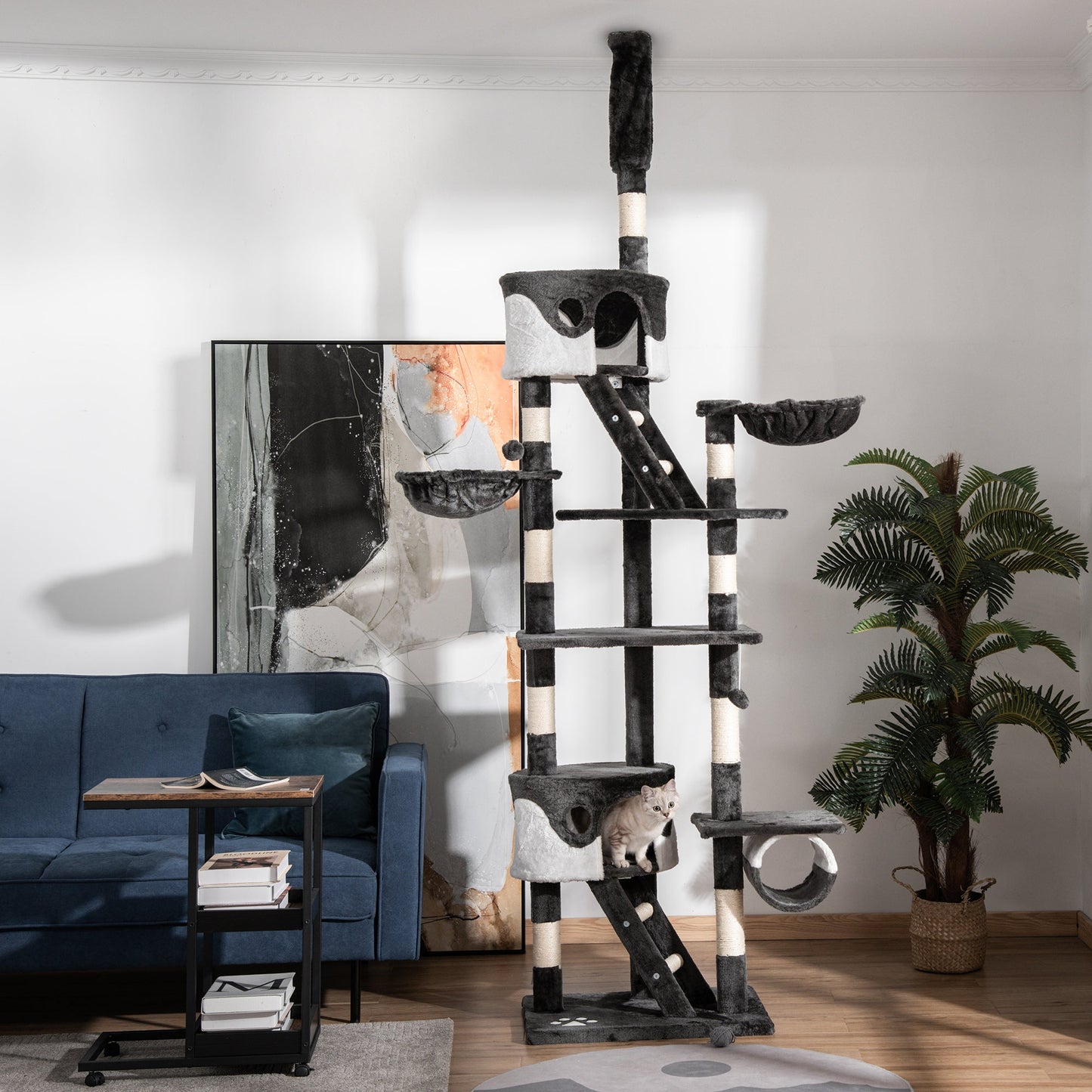 Floor to Ceiling Cat Tree, 240-260cm Adjustable Height Kitten Tower with Scratching Posts, Cat Houses, Ramps, Hammocks, Toy Balls, Tunnel for Indoor Use - White