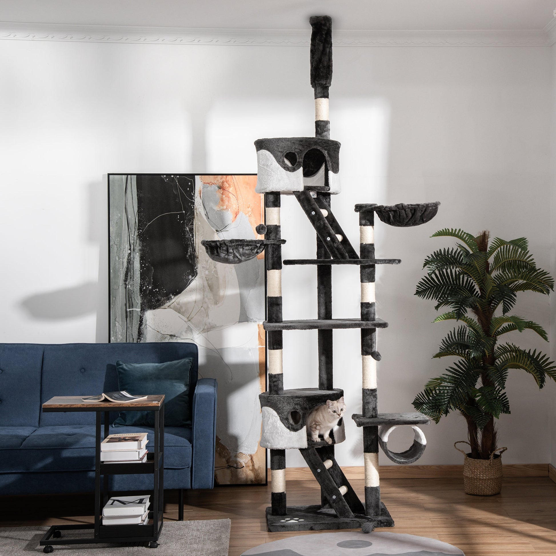 Floor to Ceiling Cat Tree, 240-260cm Adjustable Height Kitten Tower with Scratching Posts, Cat Houses, Ramps, Hammocks, Toy Balls, Tunnel for Indoor Use - White