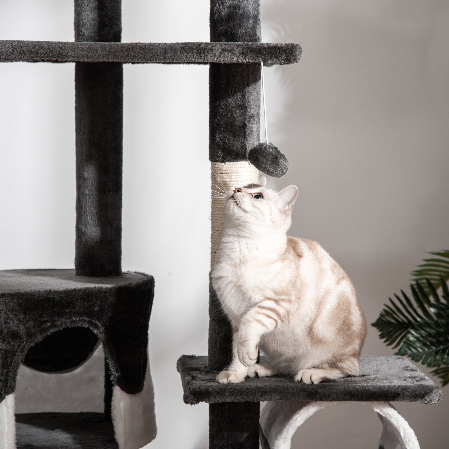 Floor to Ceiling Cat Tree, 240-260cm Adjustable Height Kitten Tower with Scratching Posts, Cat Houses, Ramps, Hammocks, Toy Balls, Tunnel for Indoor Use - White