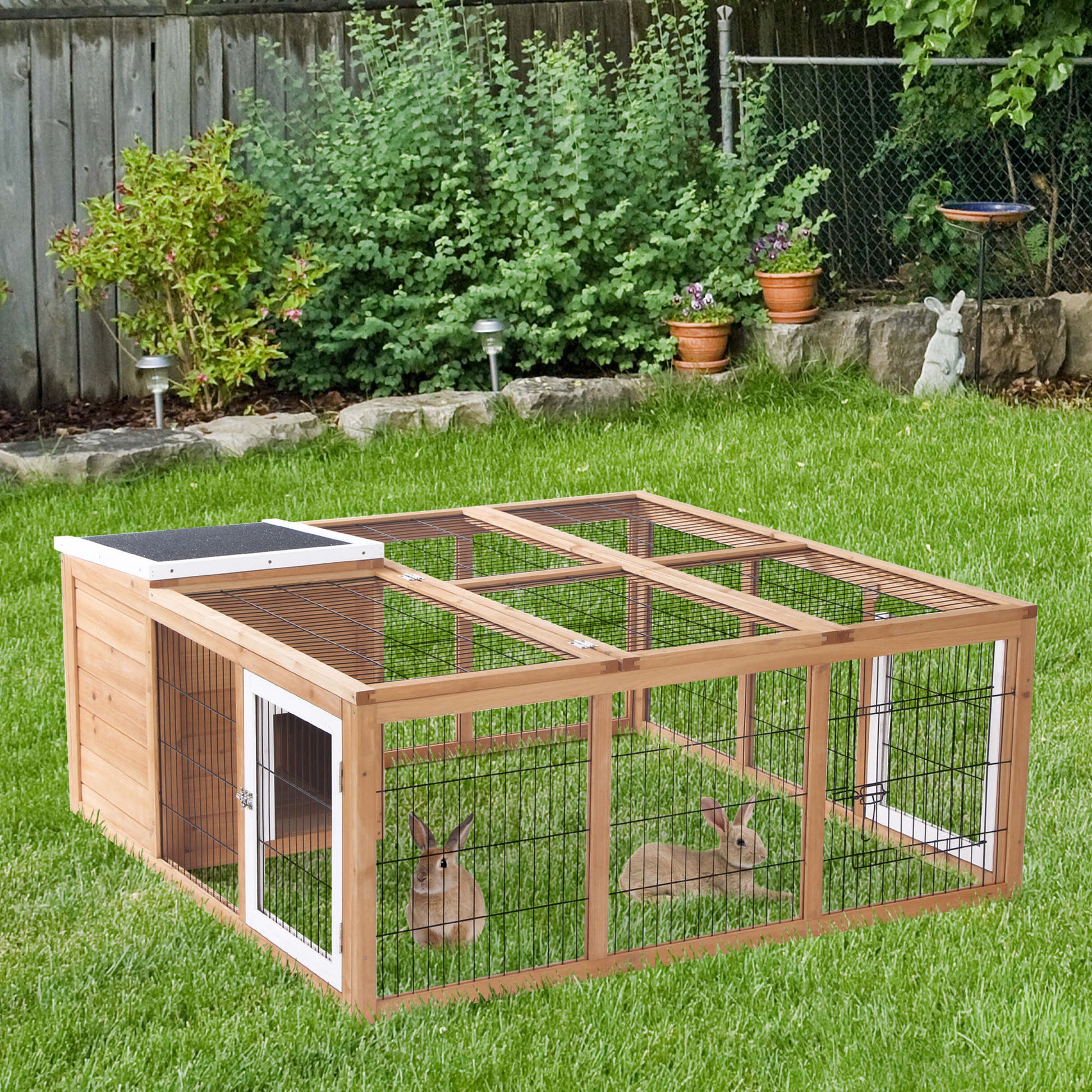 Rabbit Hutch Outdoor, Guinea Pig House, Bunny Run Cage with Openable Top for 1-2 Rabbits, 123 x 120 x 52cm, Yellow