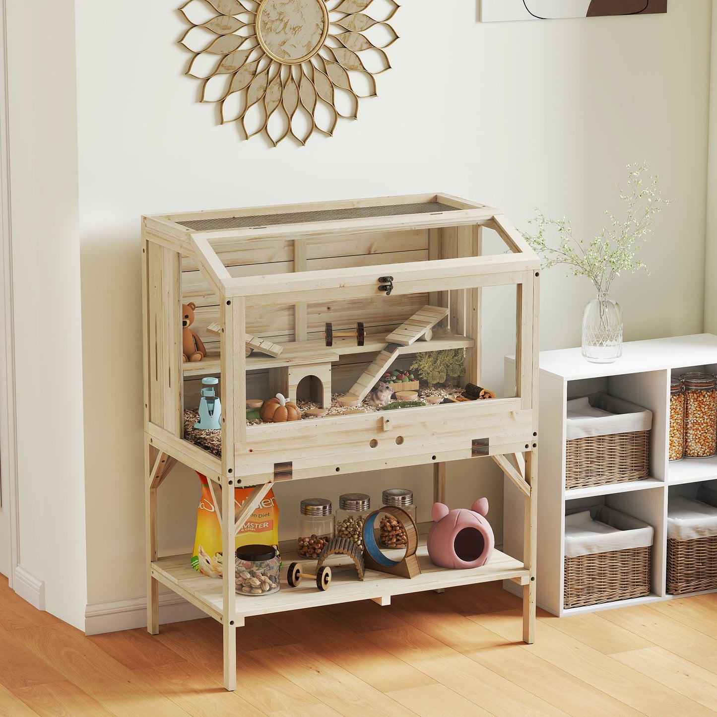 Wooden Hamster Cage, 2 Tier Transparent Gerbil Cage with Storage Shelf, Openable Top, Tray, Seesaws, Ramp, Water Bottle, Small Animal Habitat for Syrian, Gerbils, Rats, Rodent, 84 x 53 x 110 cm