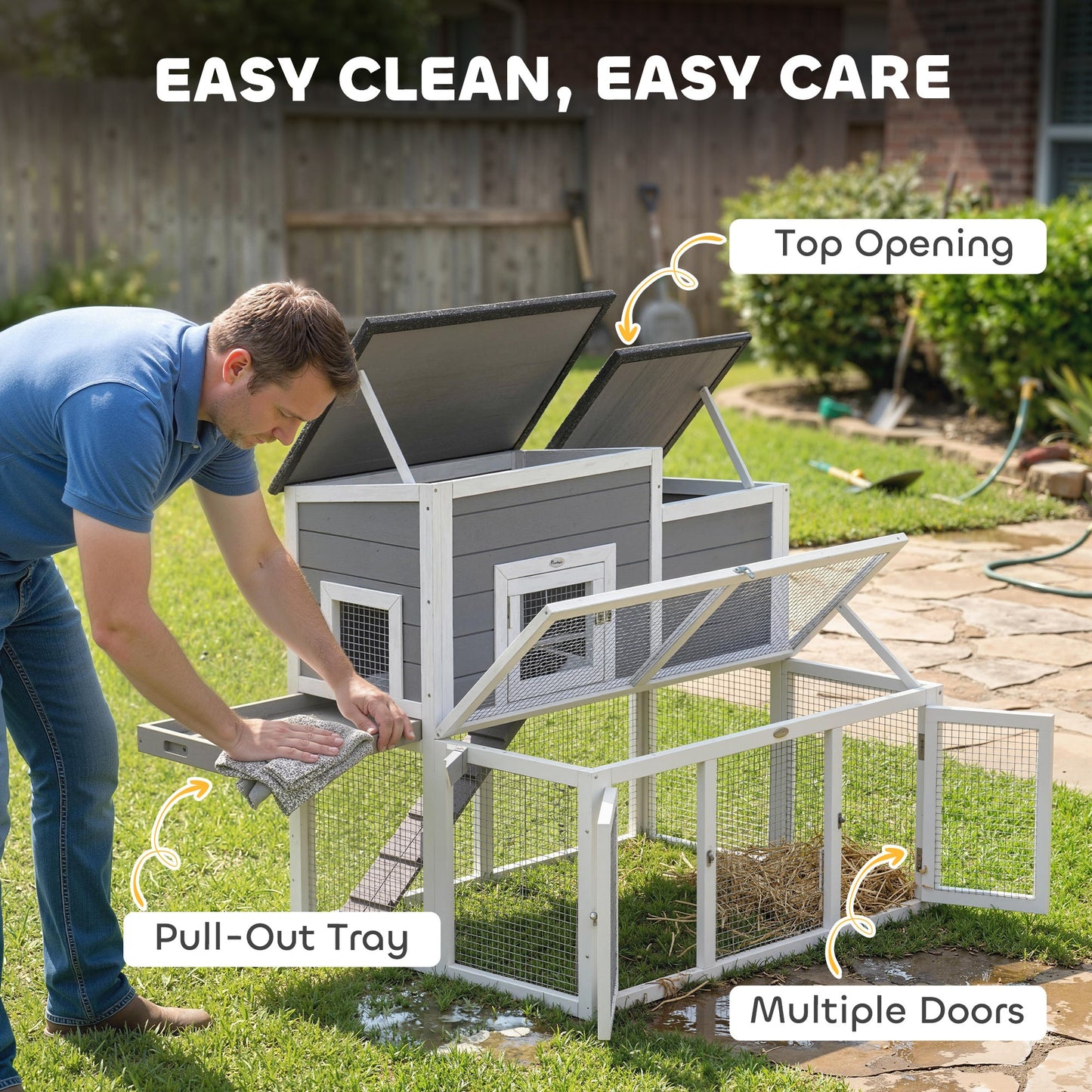 Wooden Rabbit Hutch, Indoor Outdoor Bunny Cage with Waterproof & Openable Roof, Pull Out Tray and Ramp, Guinea Pig Hutch for 1-2 Rabbits, 97 x 75.5 x 90 cm, Grey