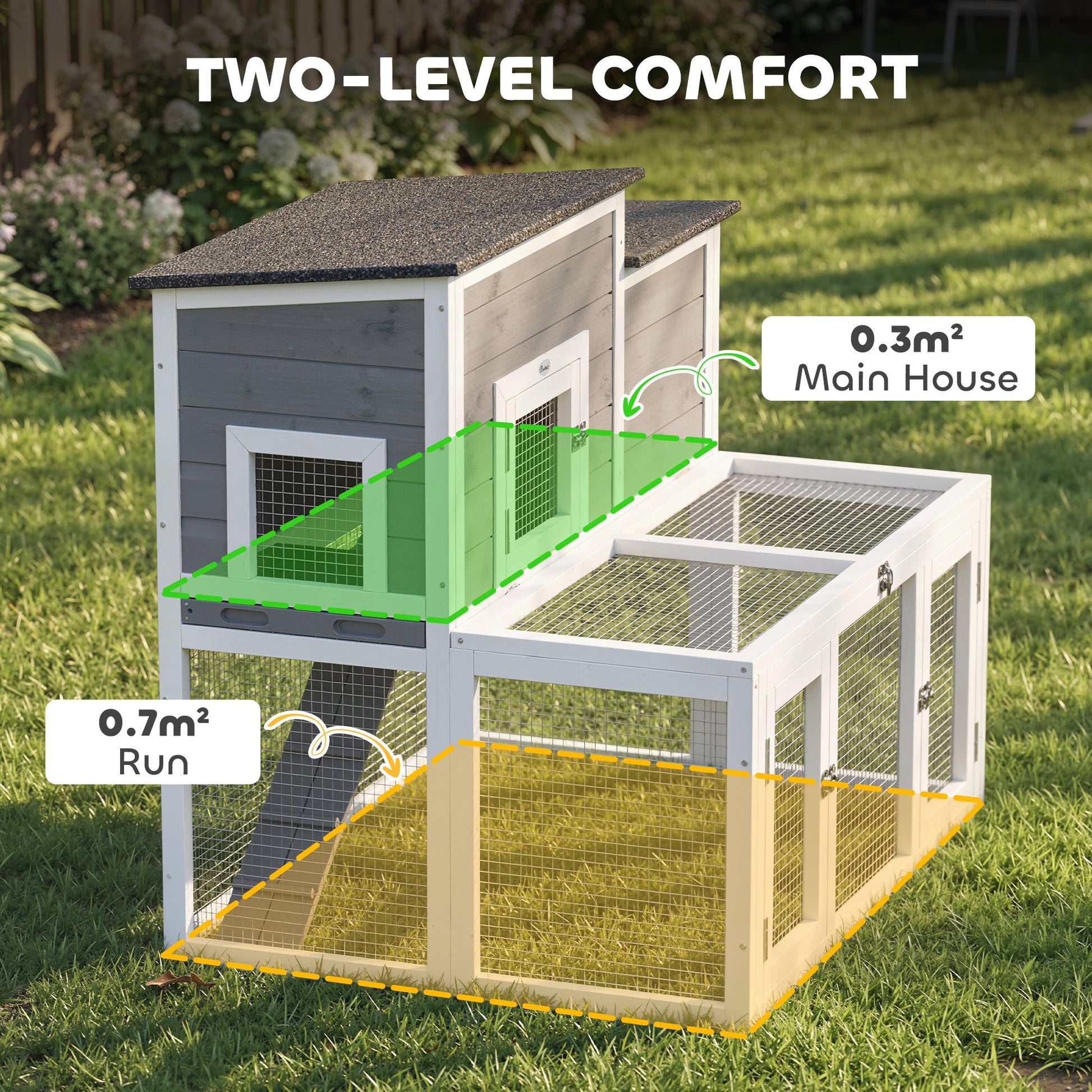 Wooden Rabbit Hutch, Indoor Outdoor Bunny Cage with Waterproof & Openable Roof, Pull Out Tray and Ramp, Guinea Pig Hutch for 1-2 Rabbits, 97 x 75.5 x 90 cm, Grey
