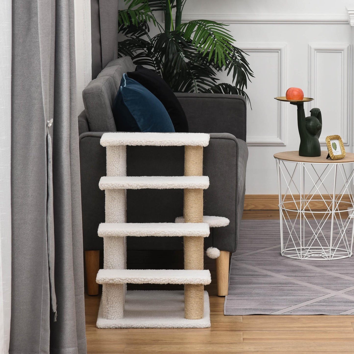 Pet Stair, Cat Tree with 4-step Climb Ladder, Scratching Posts, Platforms, Toy Ball, for Indoor Elderly Cats Kittens, White