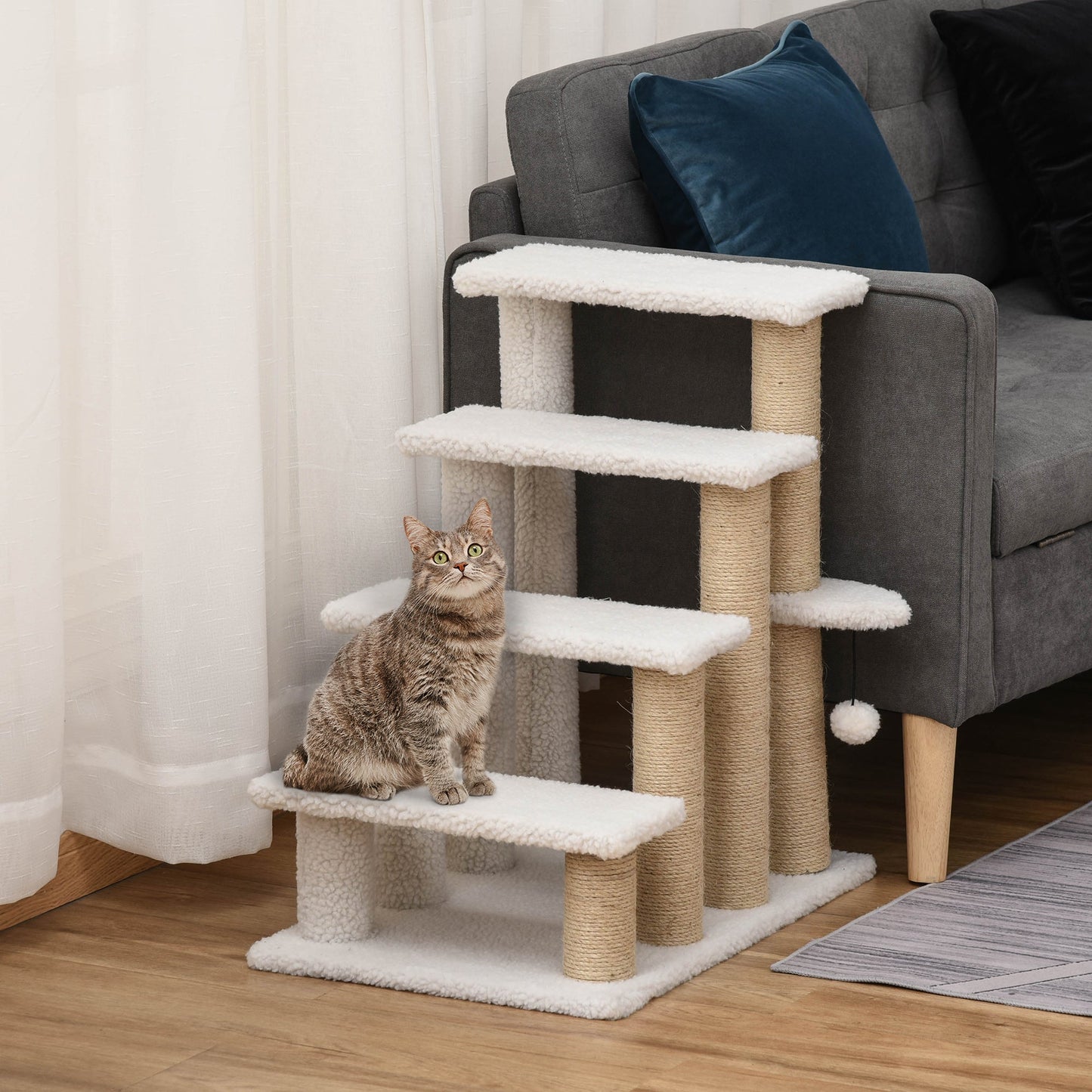Pet Stair, Cat Tree with 4-step Climb Ladder, Scratching Posts, Platforms, Toy Ball, for Indoor Elderly Cats Kittens, White