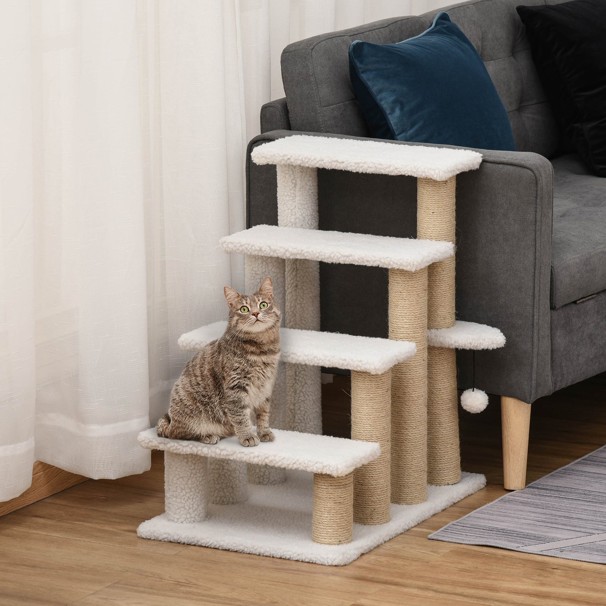 Pet Stair, Cat Tree with 4-step Climb Ladder, Scratching Posts, Platforms, Toy Ball, for Indoor Elderly Cats Kittens, White