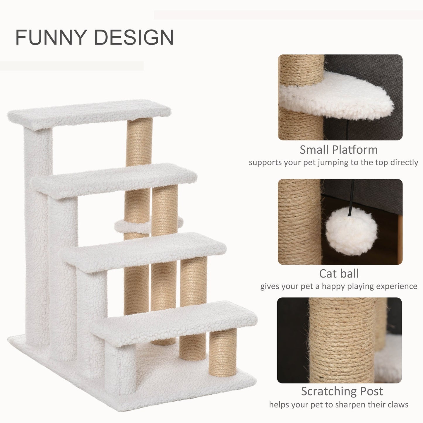 Pet Stair, Cat Tree with 4-step Climb Ladder, Scratching Posts, Platforms, Toy Ball, for Indoor Elderly Cats Kittens, White