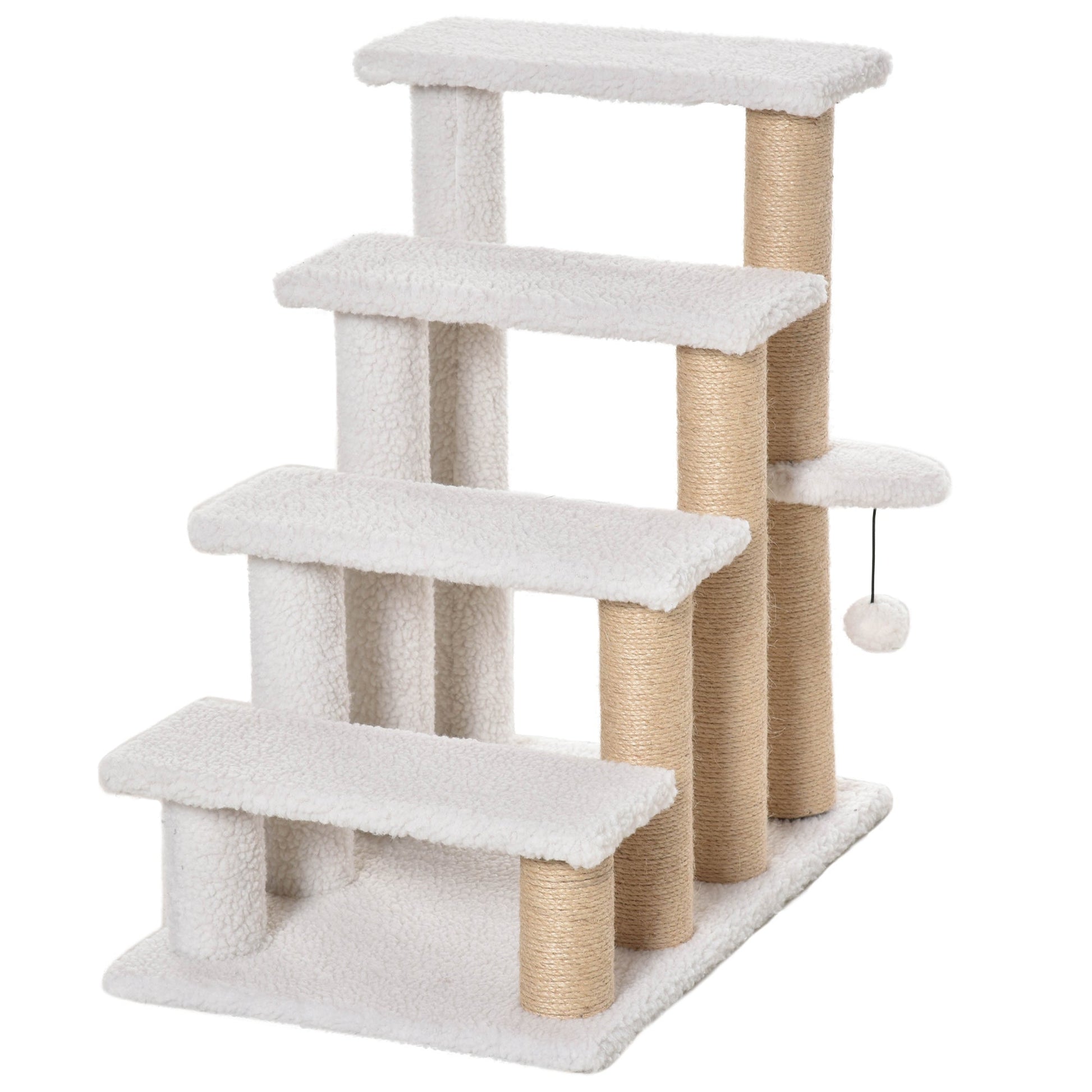 Pet Stair, Cat Tree with 4-step Climb Ladder, Scratching Posts, Platforms, Toy Ball, for Indoor Elderly Cats Kittens, White