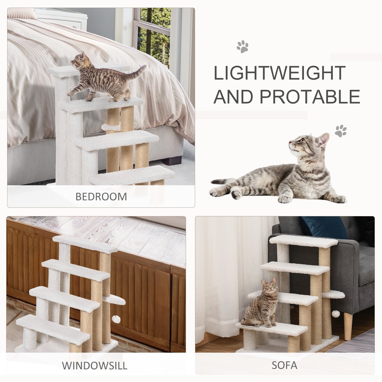 Pet Stair, Cat Tree with 4-step Climb Ladder, Scratching Posts, Platforms, Toy Ball, for Indoor Elderly Cats Kittens, White