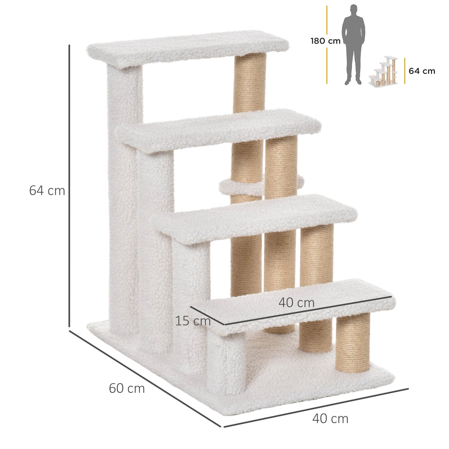 Pet Stair, Cat Tree with 4-step Climb Ladder, Scratching Posts, Platforms, Toy Ball, for Indoor Elderly Cats Kittens, White
