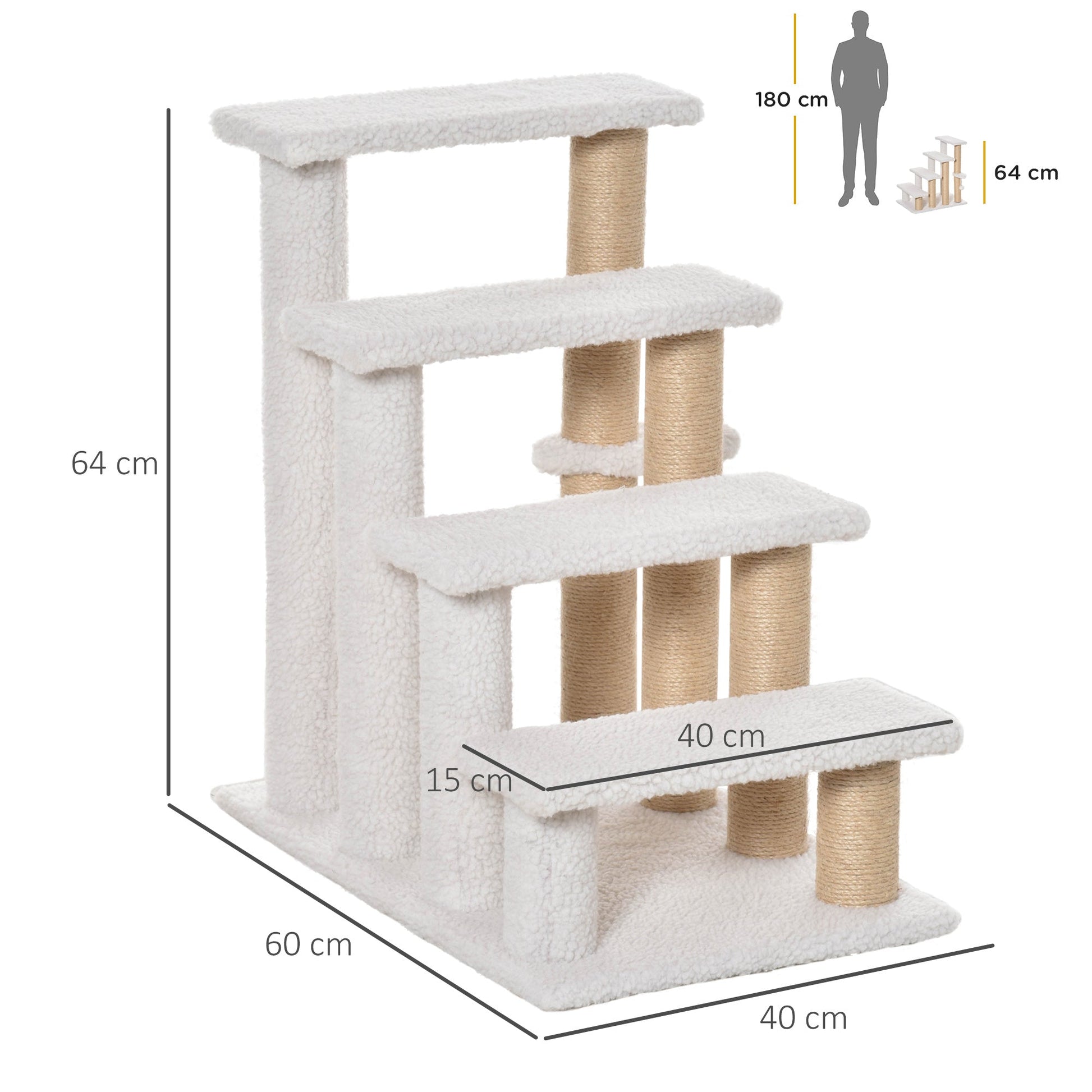 Pet Stair, Cat Tree with 4-step Climb Ladder, Scratching Posts, Platforms, Toy Ball, for Indoor Elderly Cats Kittens, White