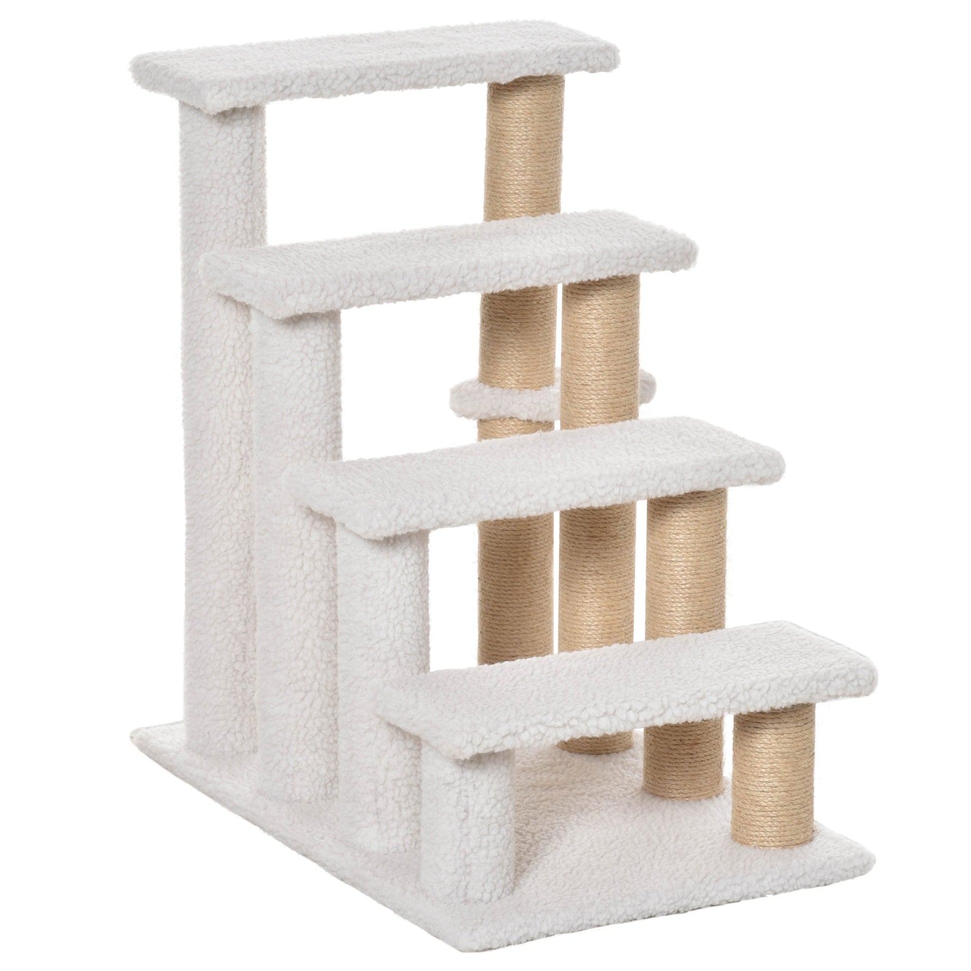 Pet Stair, Cat Tree with 4-step Climb Ladder, Scratching Posts, Platforms, Toy Ball, for Indoor Elderly Cats Kittens, White