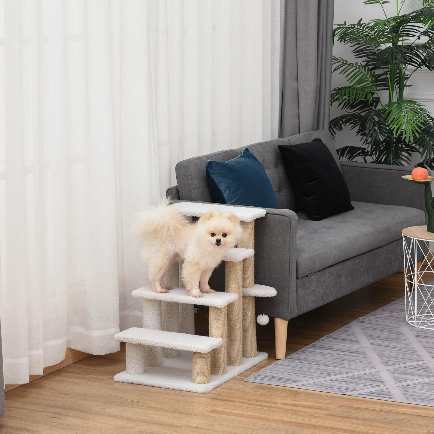 Pet Stair, Cat Tree with 4-step Climb Ladder, Scratching Posts, Platforms, Toy Ball, for Indoor Elderly Cats Kittens, White