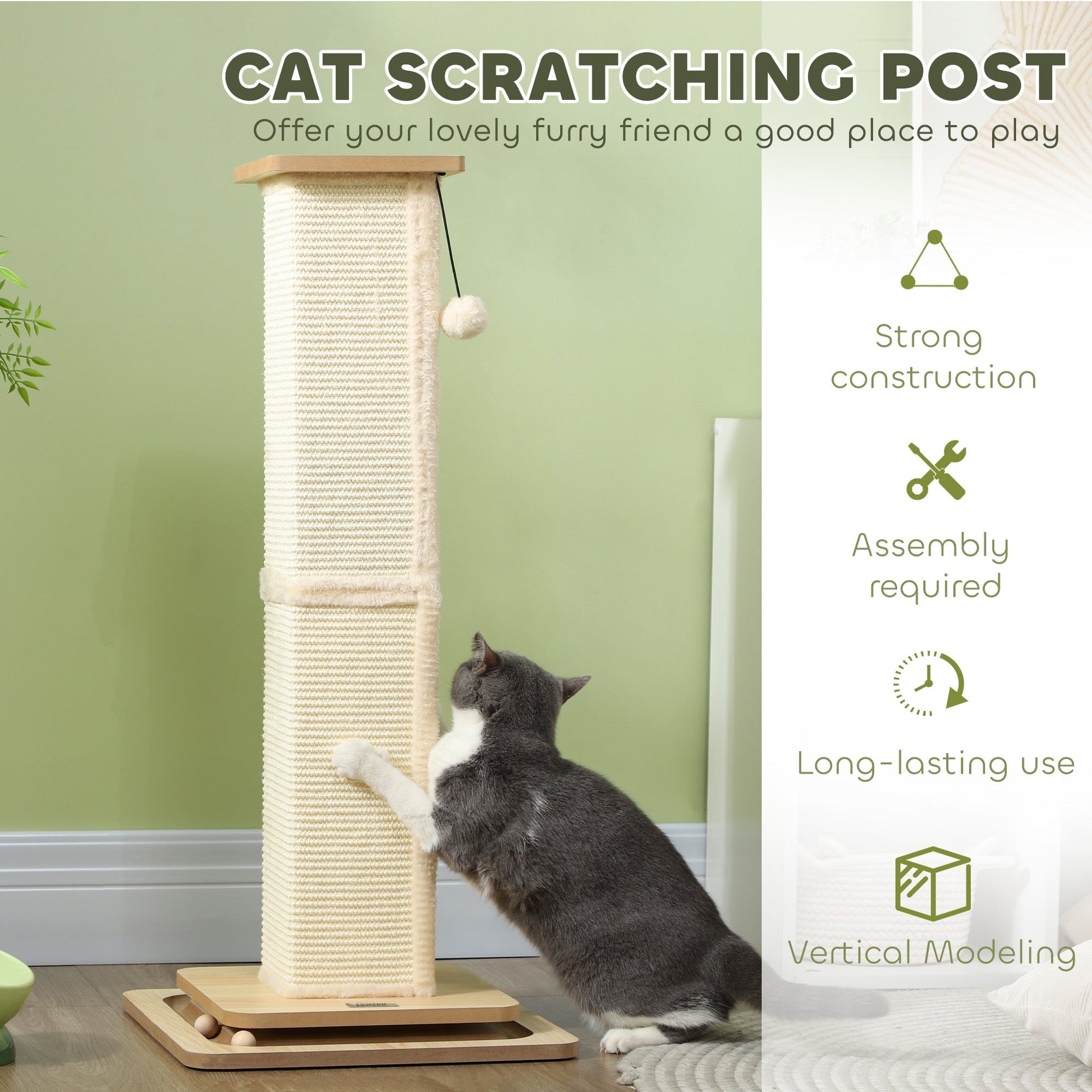 Cat Scratching Post, 87cm Cat Scratcher with Sisal Scratching Post, Track Ball Toy, Hanging Ball, 3 in 1 Cat Scratcher Post for Indoor Kittens