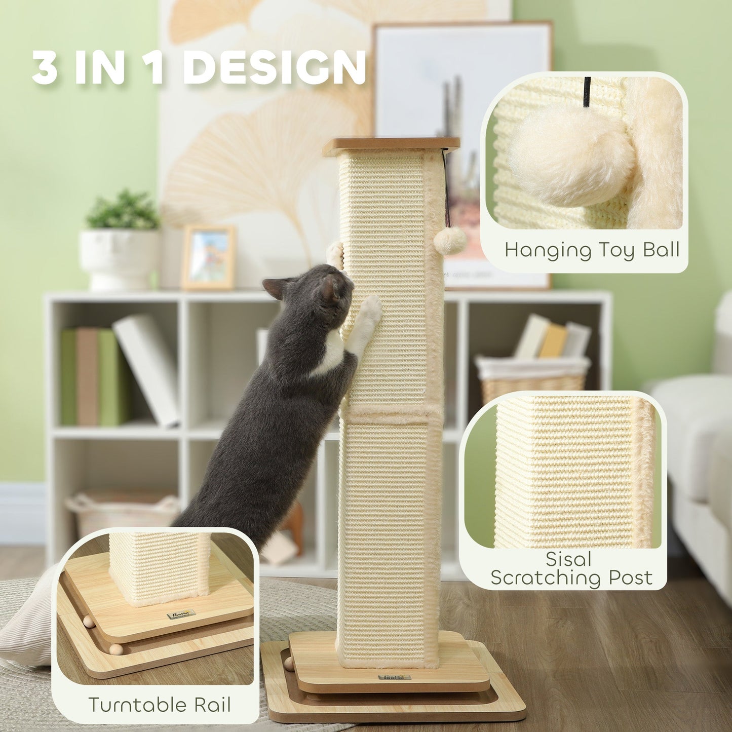 Cat Scratching Post, 87cm Cat Scratcher with Sisal Scratching Post, Track Ball Toy, Hanging Ball, 3 in 1 Cat Scratcher Post for Indoor Kittens