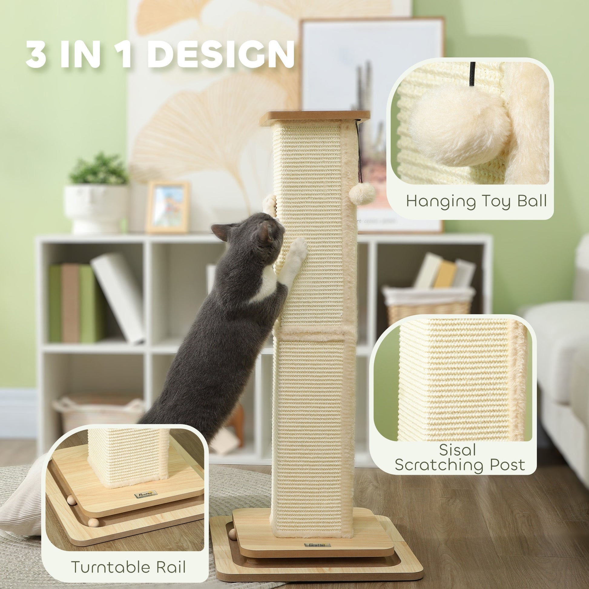 Cat Scratching Post, 87cm Cat Scratcher with Sisal Scratching Post, Track Ball Toy, Hanging Ball, 3 in 1 Cat Scratcher Post for Indoor Kittens