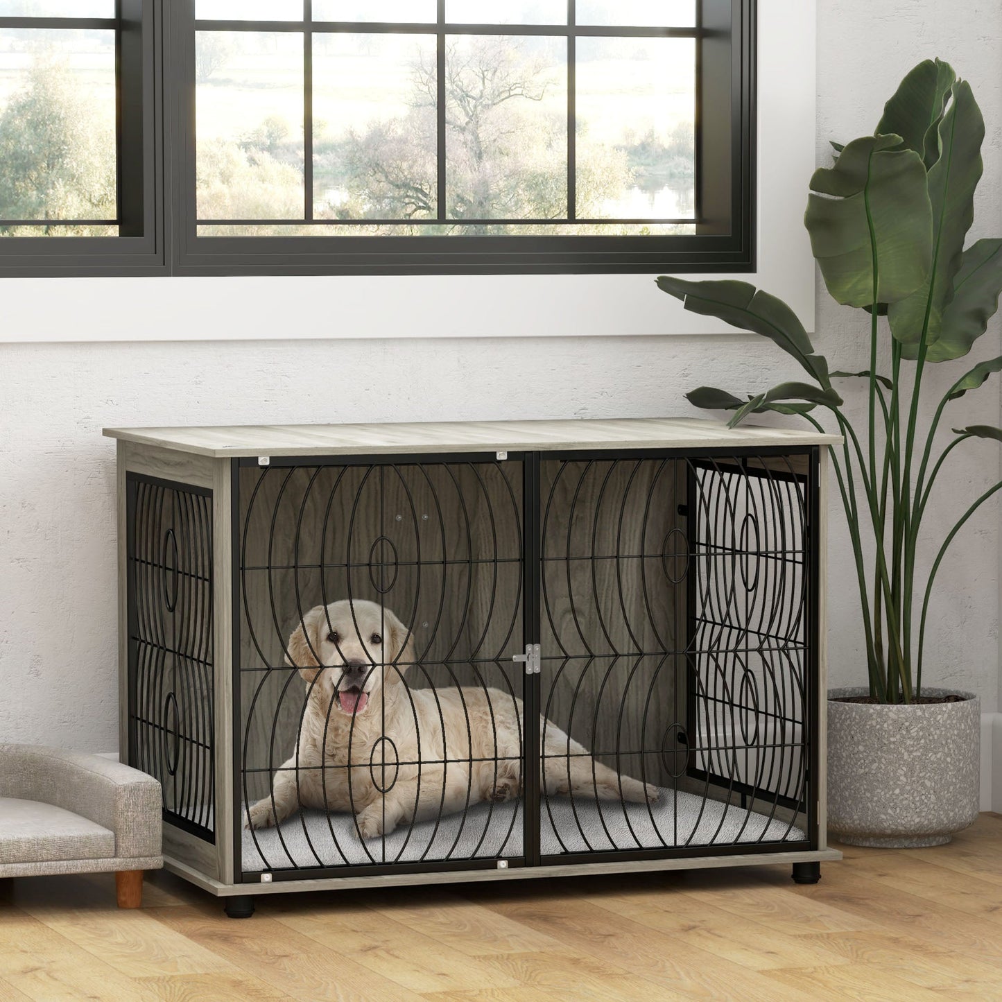 Dog Crate Furniture, Dog Cage End Table with Large Top, Soft Washable Cushion, Lockable Front Door, Wire Mesh Ventilation, Indoor Pet Crate for Extra Large Sized, 118 x 75 x 82cm - Grey