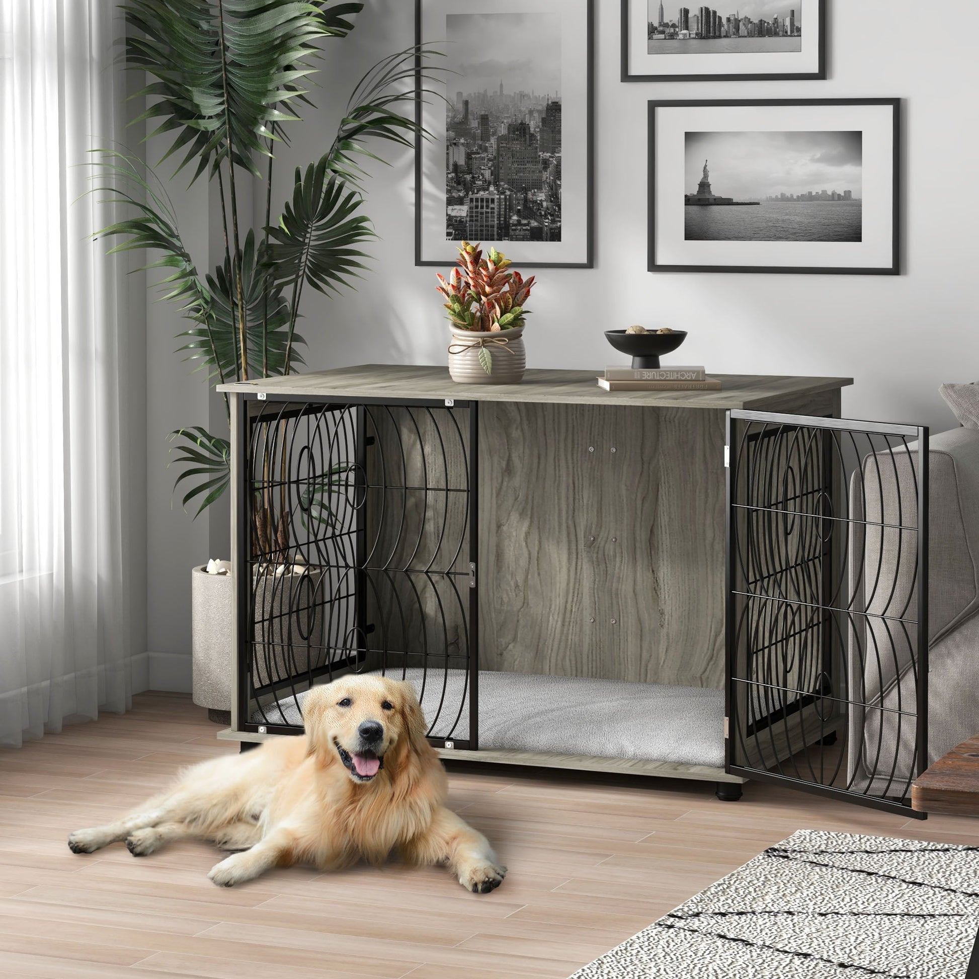 Dog Crate Furniture, Dog Cage End Table with Large Top, Soft Washable Cushion, Lockable Front Door, Wire Mesh Ventilation, Indoor Pet Crate for Extra Large Sized, 118 x 75 x 82cm - Grey