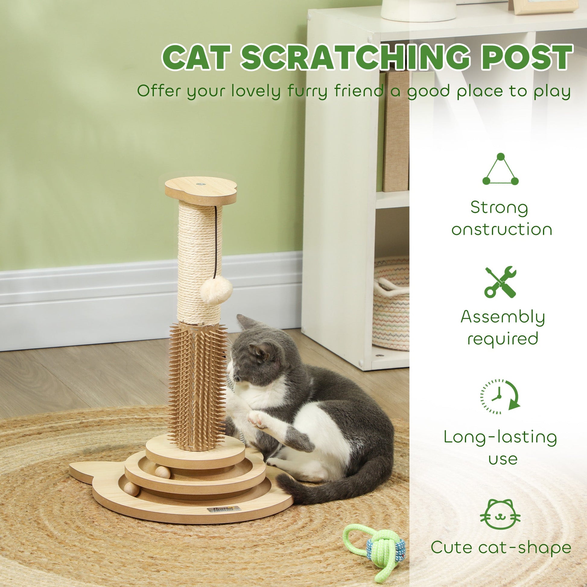 Cat Scratching Post, 49cm Cat Scratcher with Sisal Post, Interactive Track Ball Toy, Self Grooming Brush, Hanging Toy Ball, Feather, 5 in 1 Small Kitten Cat Scratch post, Oak Tone