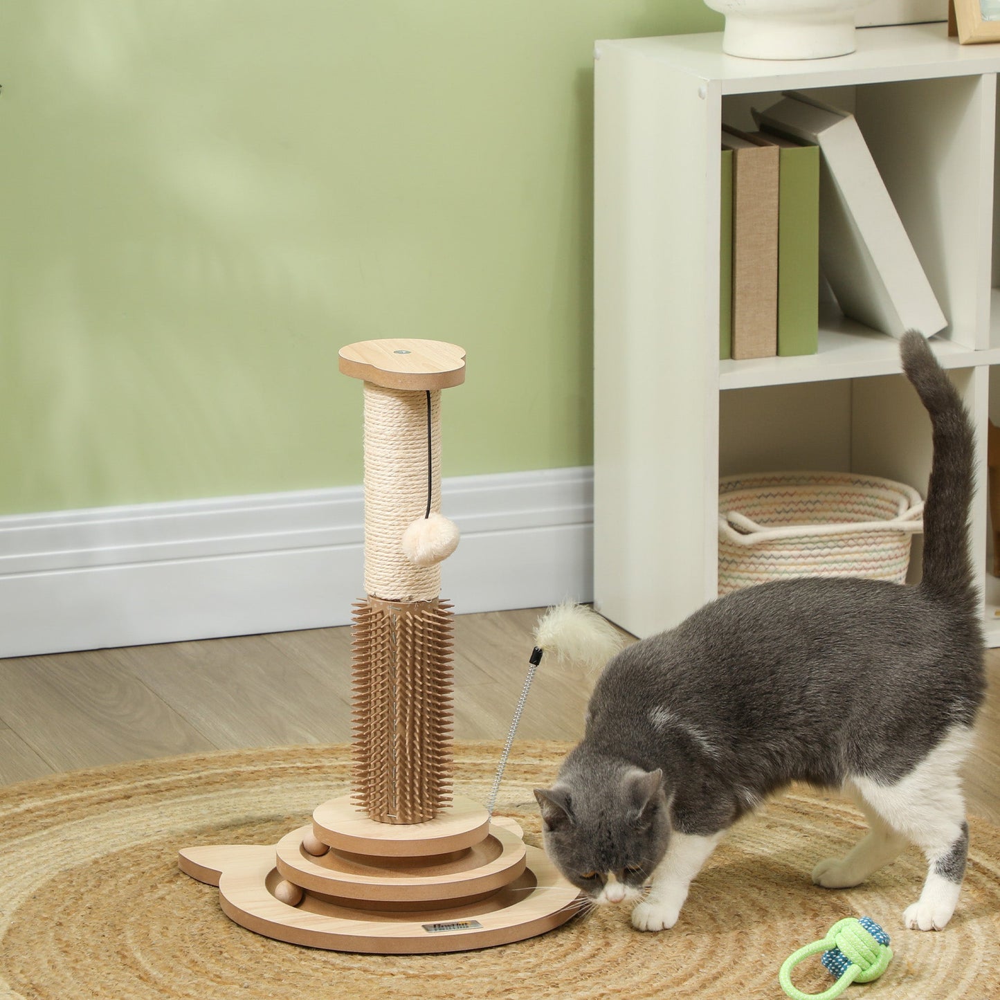 Cat Scratching Post, 49cm Cat Scratcher with Sisal Post, Interactive Track Ball Toy, Self Grooming Brush, Hanging Toy Ball, Feather, 5 in 1 Small Kitten Cat Scratch post, Oak Tone