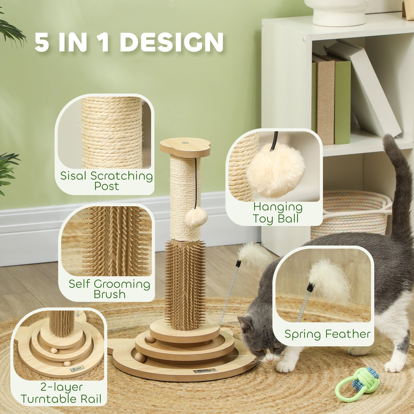 Cat Scratching Post, 49cm Cat Scratcher with Sisal Post, Interactive Track Ball Toy, Self Grooming Brush, Hanging Toy Ball, Feather, 5 in 1 Small Kitten Cat Scratch post, Oak Tone