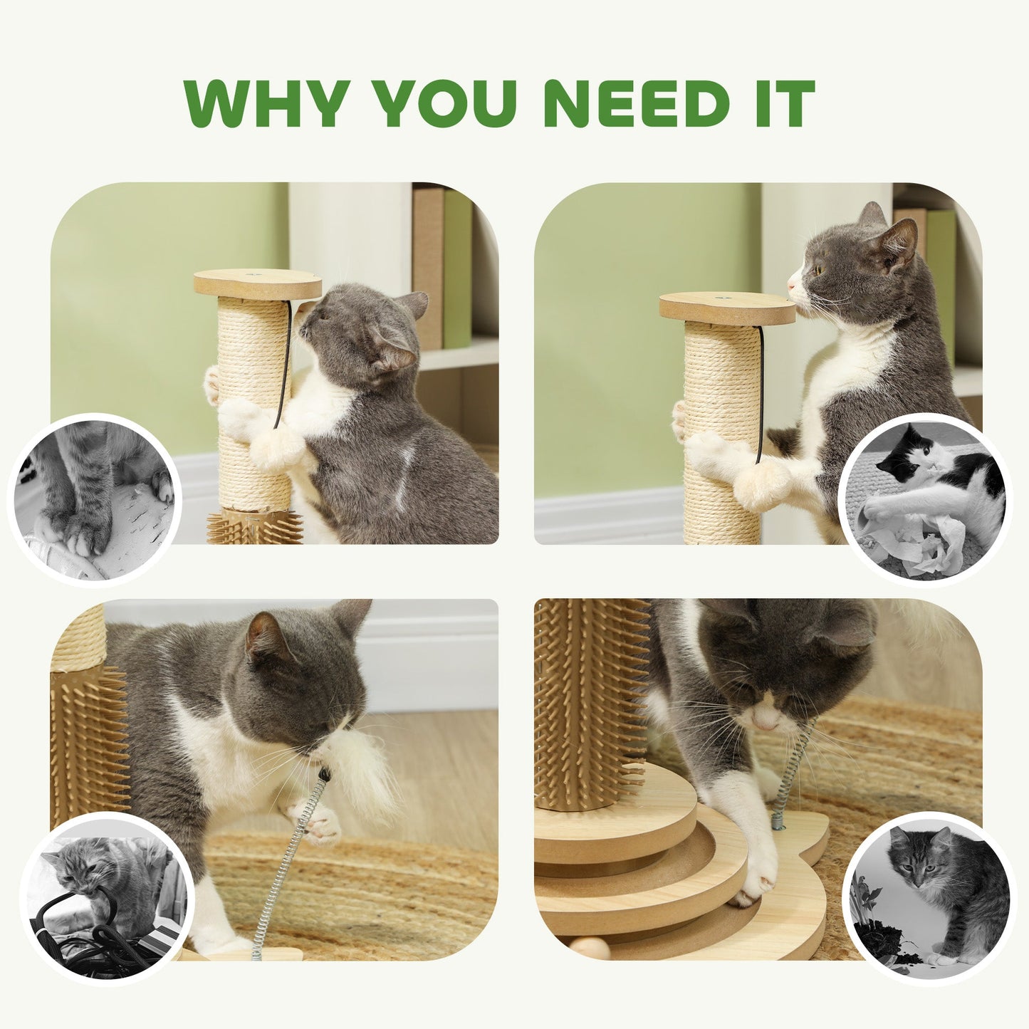 Cat Scratching Post, 49cm Cat Scratcher with Sisal Post, Interactive Track Ball Toy, Self Grooming Brush, Hanging Toy Ball, Feather, 5 in 1 Small Kitten Cat Scratch post, Oak Tone