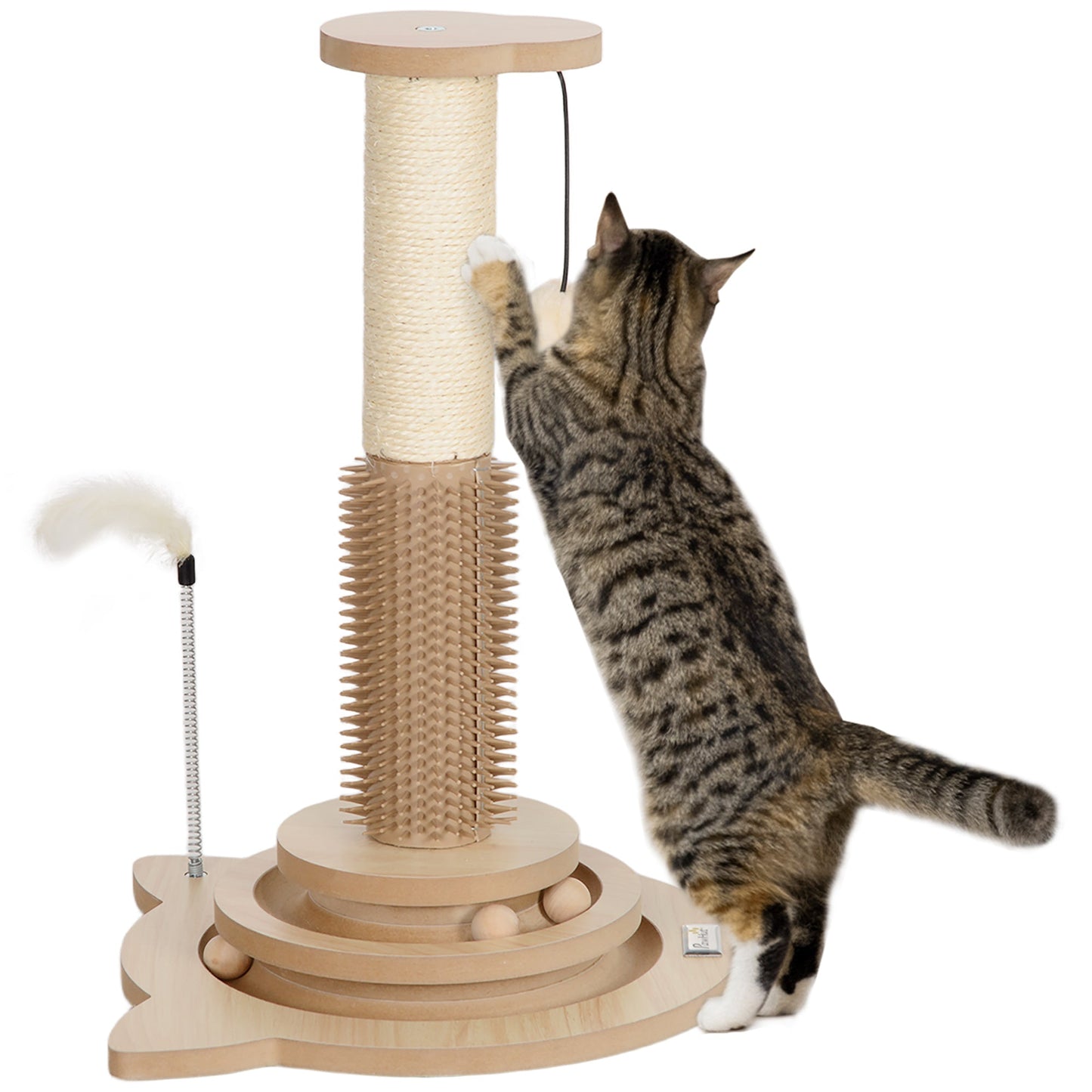 Cat Scratching Post, 49cm Cat Scratcher with Sisal Post, Interactive Track Ball Toy, Self Grooming Brush, Hanging Toy Ball, Feather, 5 in 1 Small Kitten Cat Scratch post, Oak Tone