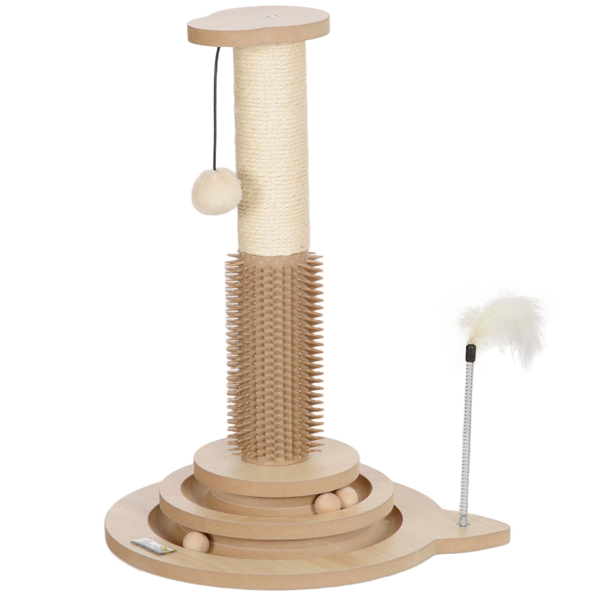 Cat Scratching Post, 49cm Cat Scratcher with Sisal Post, Interactive Track Ball Toy, Self Grooming Brush, Hanging Toy Ball, Feather, 5 in 1 Small Kitten Cat Scratch post, Oak Tone