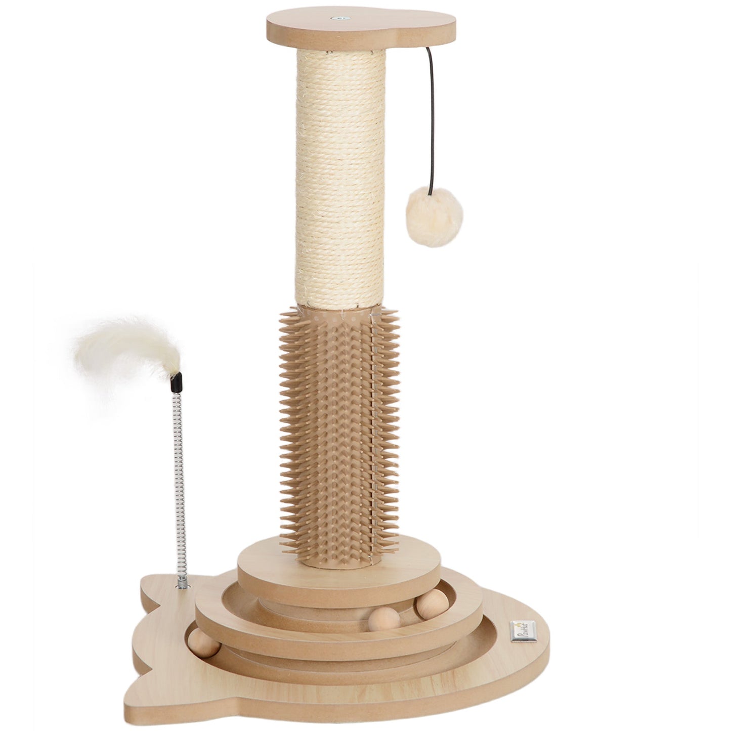 Cat Scratching Post, 49cm Cat Scratcher with Sisal Post, Interactive Track Ball Toy, Self Grooming Brush, Hanging Toy Ball, Feather, 5 in 1 Small Kitten Cat Scratch post, Oak Tone