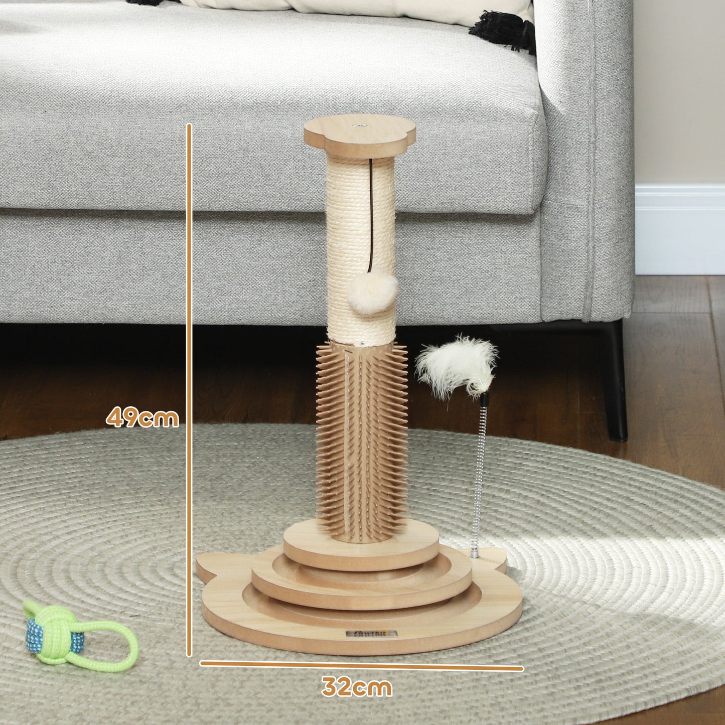 Cat Scratching Post, 49cm Cat Scratcher with Sisal Post, Interactive Track Ball Toy, Self Grooming Brush, Hanging Toy Ball, Feather, 5 in 1 Small Kitten Cat Scratch post, Oak Tone