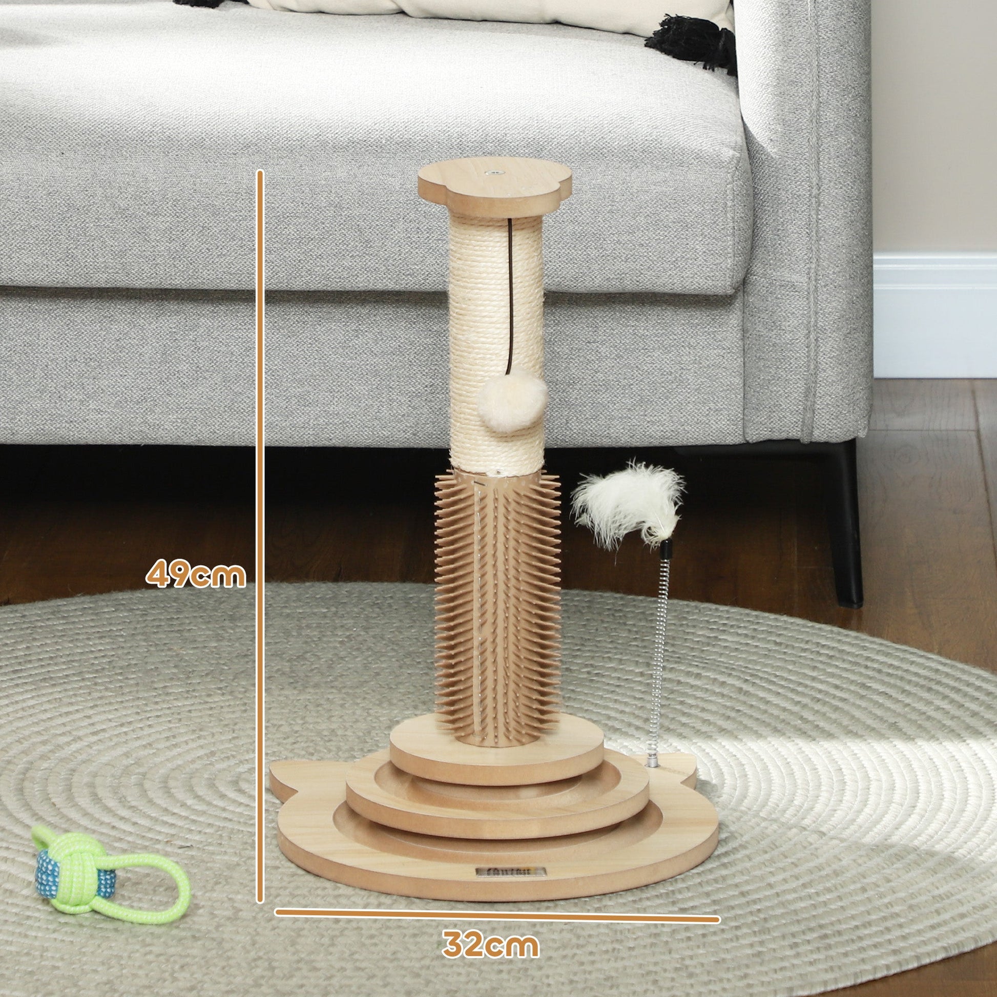 Cat Scratching Post, 49cm Cat Scratcher with Sisal Post, Interactive Track Ball Toy, Self Grooming Brush, Hanging Toy Ball, Feather, 5 in 1 Small Kitten Cat Scratch post, Oak Tone